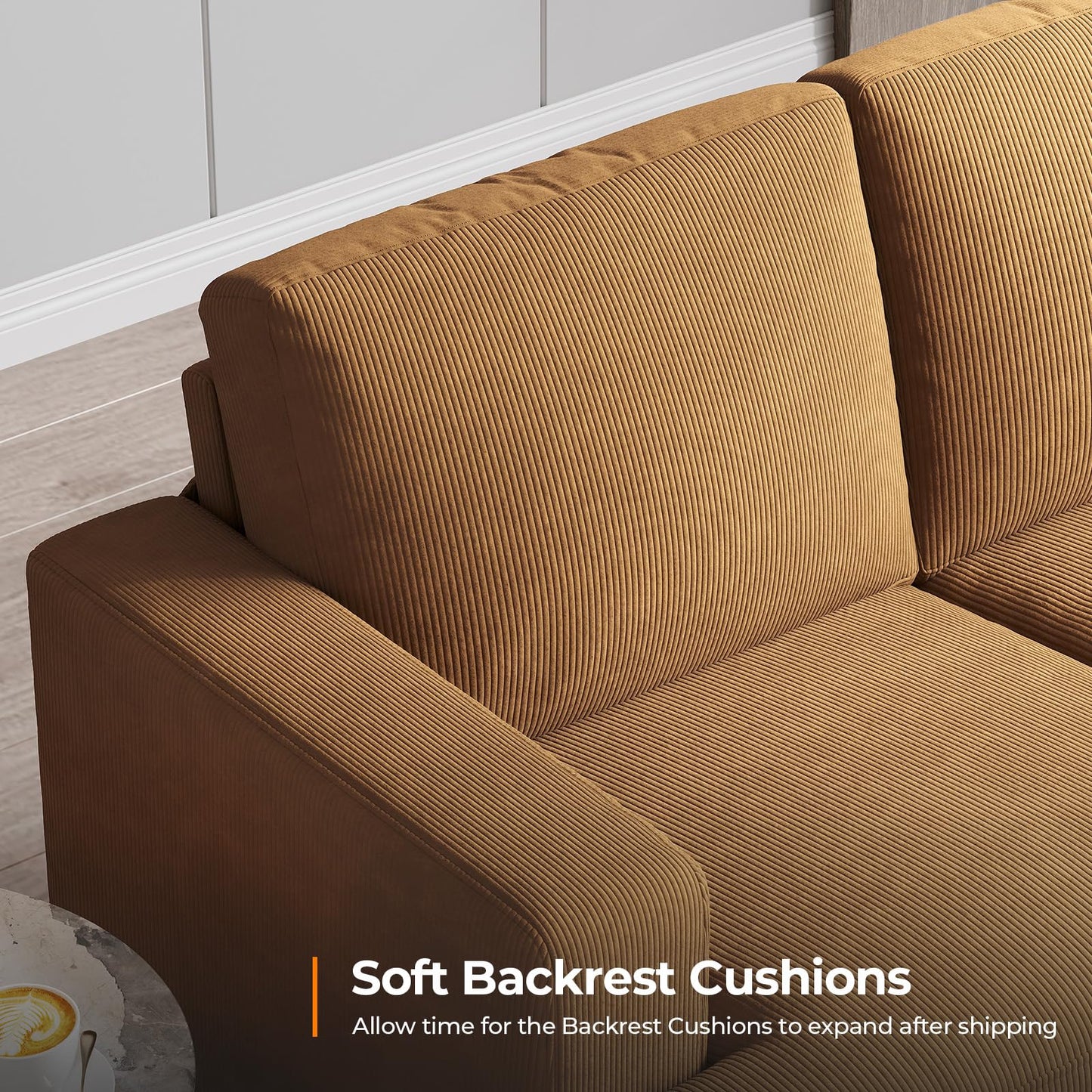 COPIAE 89 Inch Sofa with Extra Deep Seats Oversize, Corduroy Fabric 3 Seater Sofa for Living Room, Modern Couch and Sofa, Comfy Armrests and Seats and Backrests, Easy Installation, Ginger Yellow