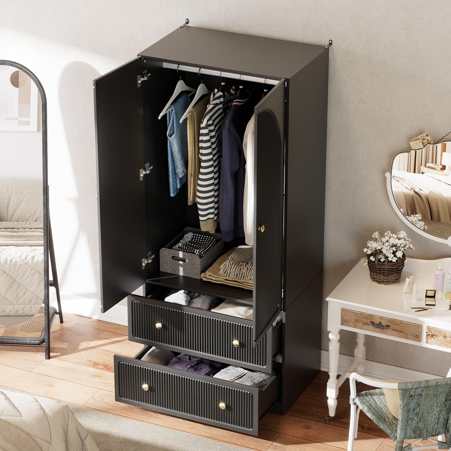 PAKASEPT Armoire Wardrobe Closet with 2 Drawers & Hanging Rod, Freestanding Wooden Wardrobe Cabinet with 2 Striped Doors for Bedroom, Living Room