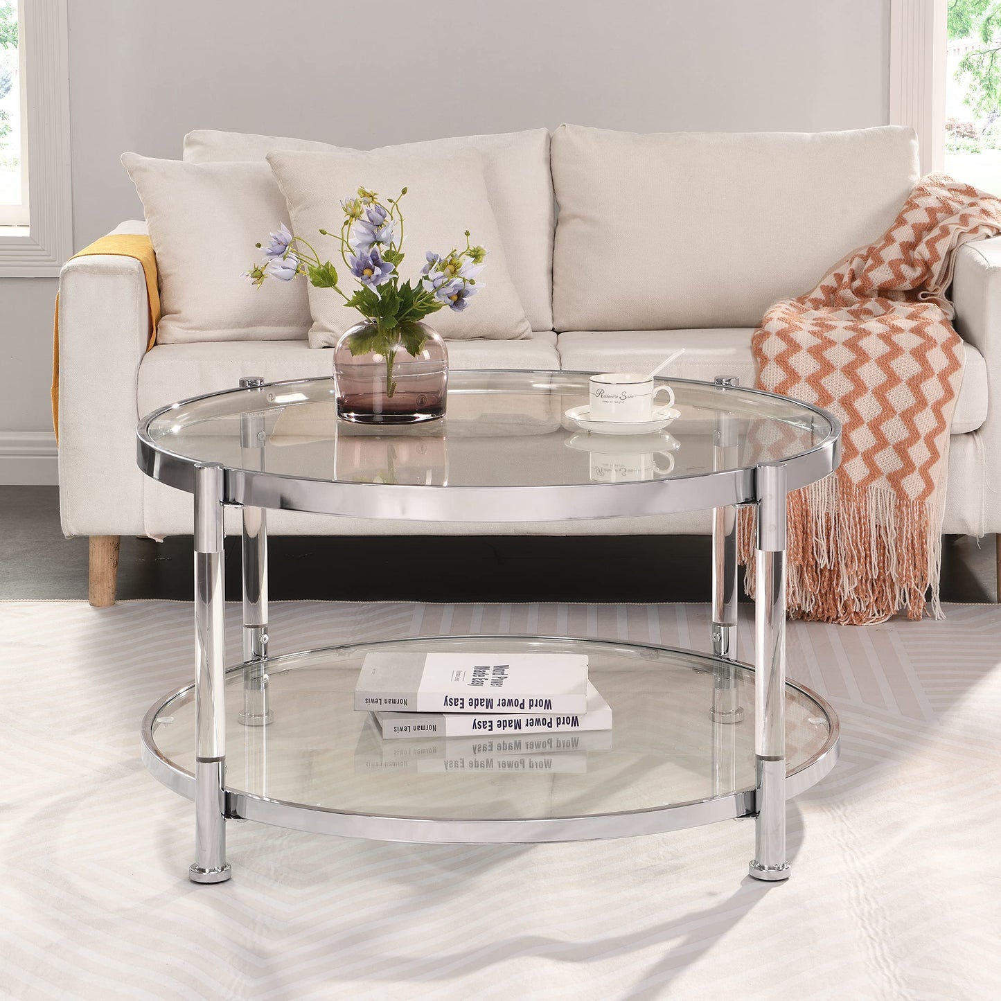 Lasadelgar Tempered Glass Round Coffee Table, 32.3" Modern Acrylic Legs Circle Coffee Table for Living Room