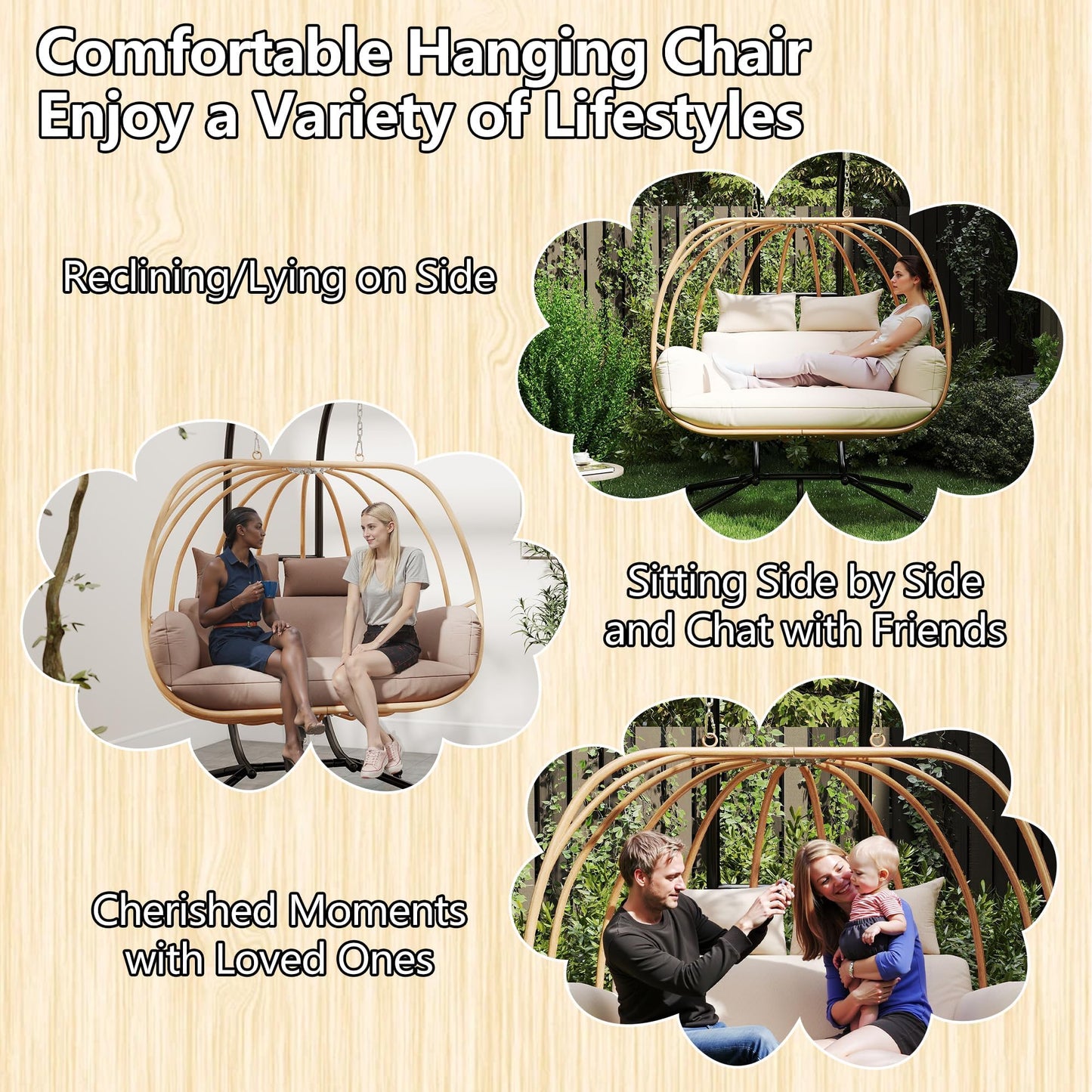 DAYARUS Double Egg Swing Chair with Stand, All Weather Egg Chair Outdoor with Cushions, Imitation Rattan Hanging Egg Swing Basket, 2 Person Hanging Chairs, Metal Nest Chair for Balcony/Deck, Grey