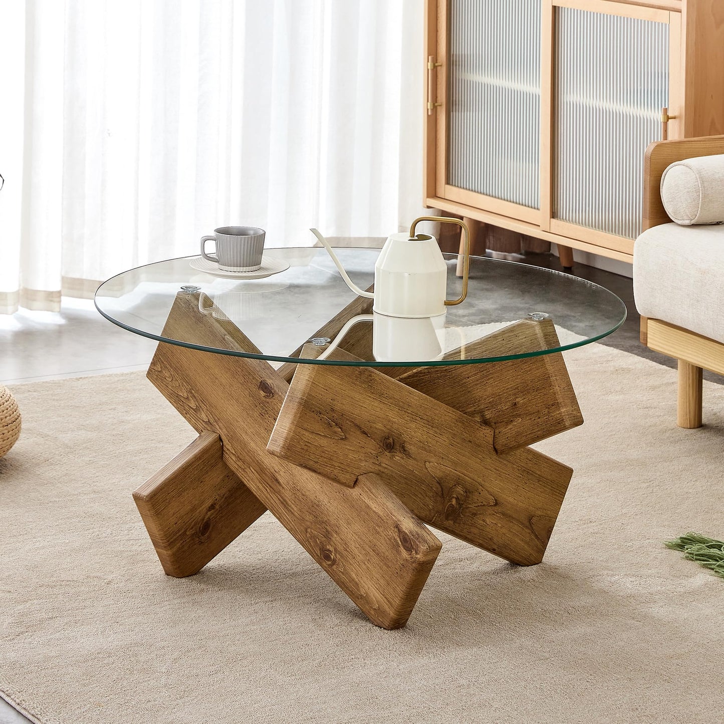 Natural Round Glass Coffee Table,33-Inch Small Modern for Living Room Clear Circle Accent Table Adapts to Farmhouse and Contemporary Decor