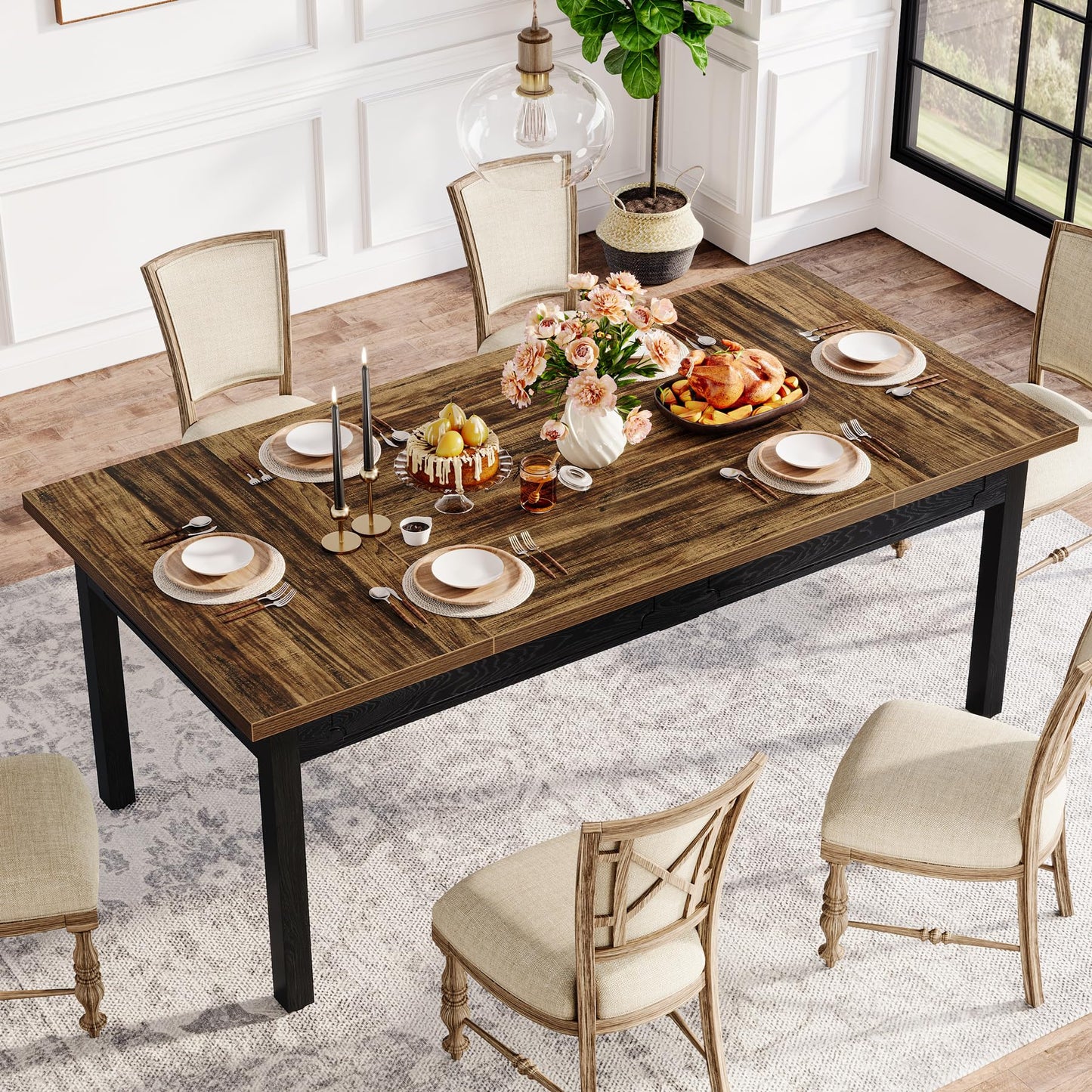 Tribesigns 63-inch Farmhouse Dining Table for 4-6, Rectangular Dining Room Table with Sturdy Legs, Modern Kitchen Dinner Furniture for Dining Room, Living Room, Kitchen, Rustic Brown & Black