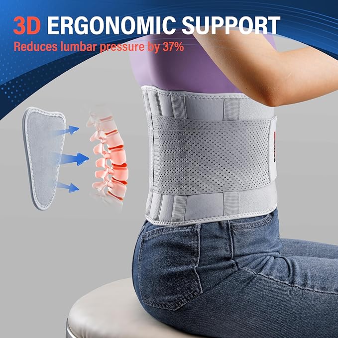 FEATOL Back Brace for Lower Back Pain Women, Breathable Back Support Belt for Women & Men with Lumbar Pad, Lumbar Support Belt for Heavy Lifting & Work, Scoliosis, Grey, 2XL (Circumference:38.6-51.2")