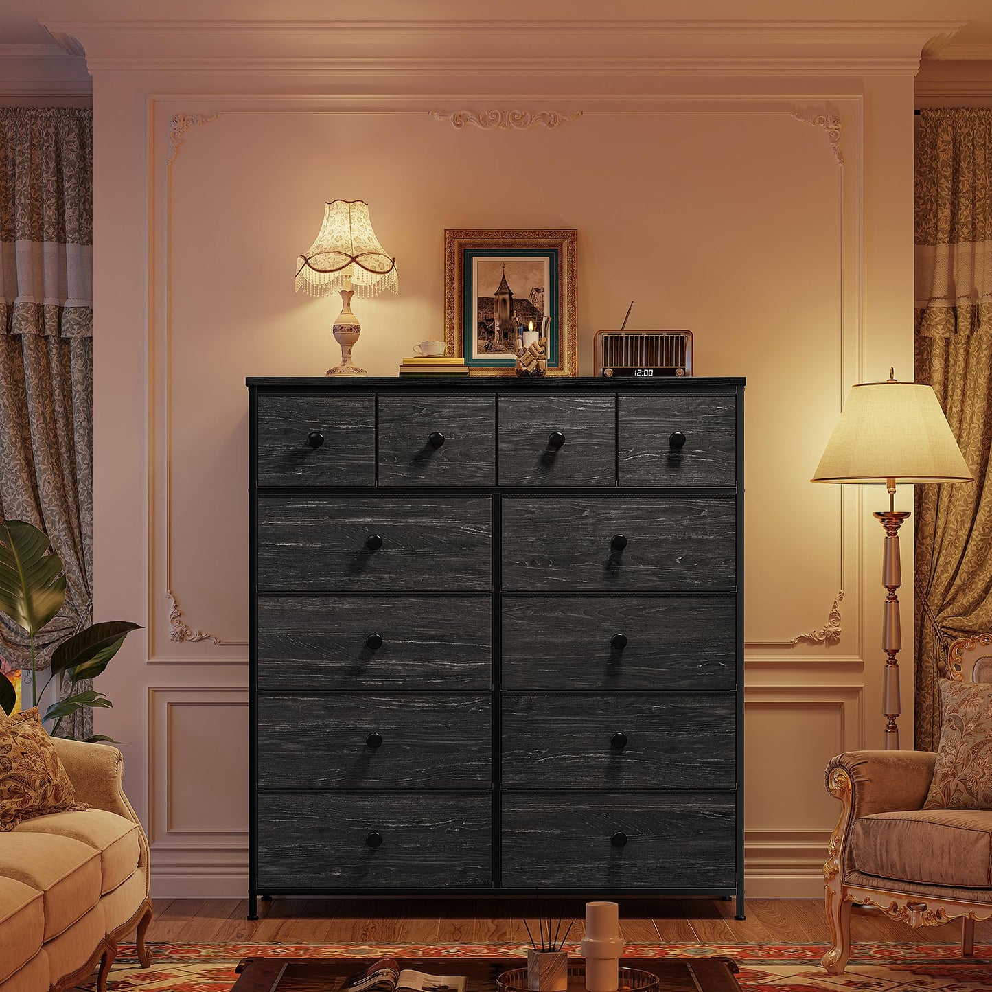 Romorgniz Tall Dressers for Bedroom with 12 Drawers, Fabric Storage Dressers & Chests of Drawers, Sturdy Metal Frame, Wood Top, Closet, Entryway, Bedroom Furniture (Charcoal Black)