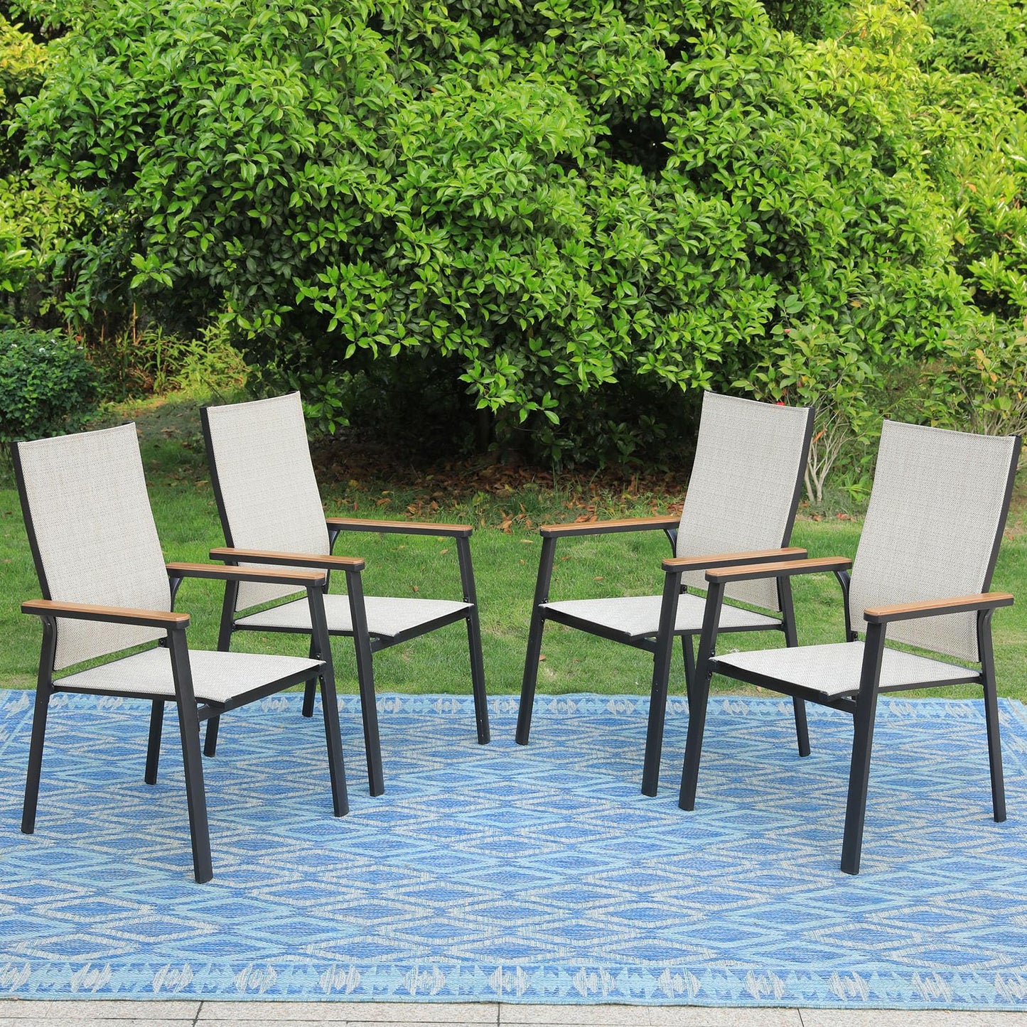 PHI VILLA Outdoor Stackable Chairs, Patio Chairs Set of 4, Light Weight Aluminum Frame with Textilene Fabric & Wood Armrest, High Back Deck Chairs for Poolside Lawn Garden, Beige