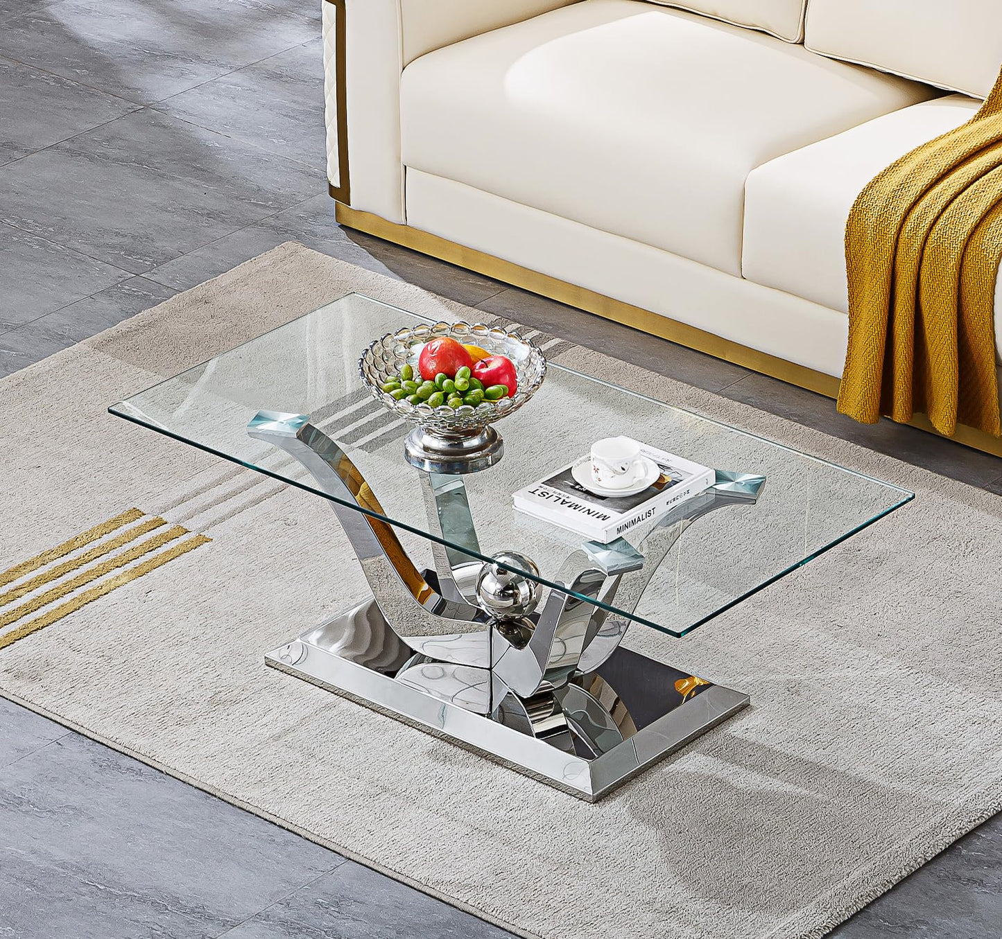 Modern Silver Glass Coffee Table, 47" Rectangle Coffee Table with Tempered Glass Top&Stainless Steel Flower-Shape Base, Luxury Glass Living Room Center Table Accent Cocktail Table for Home Office