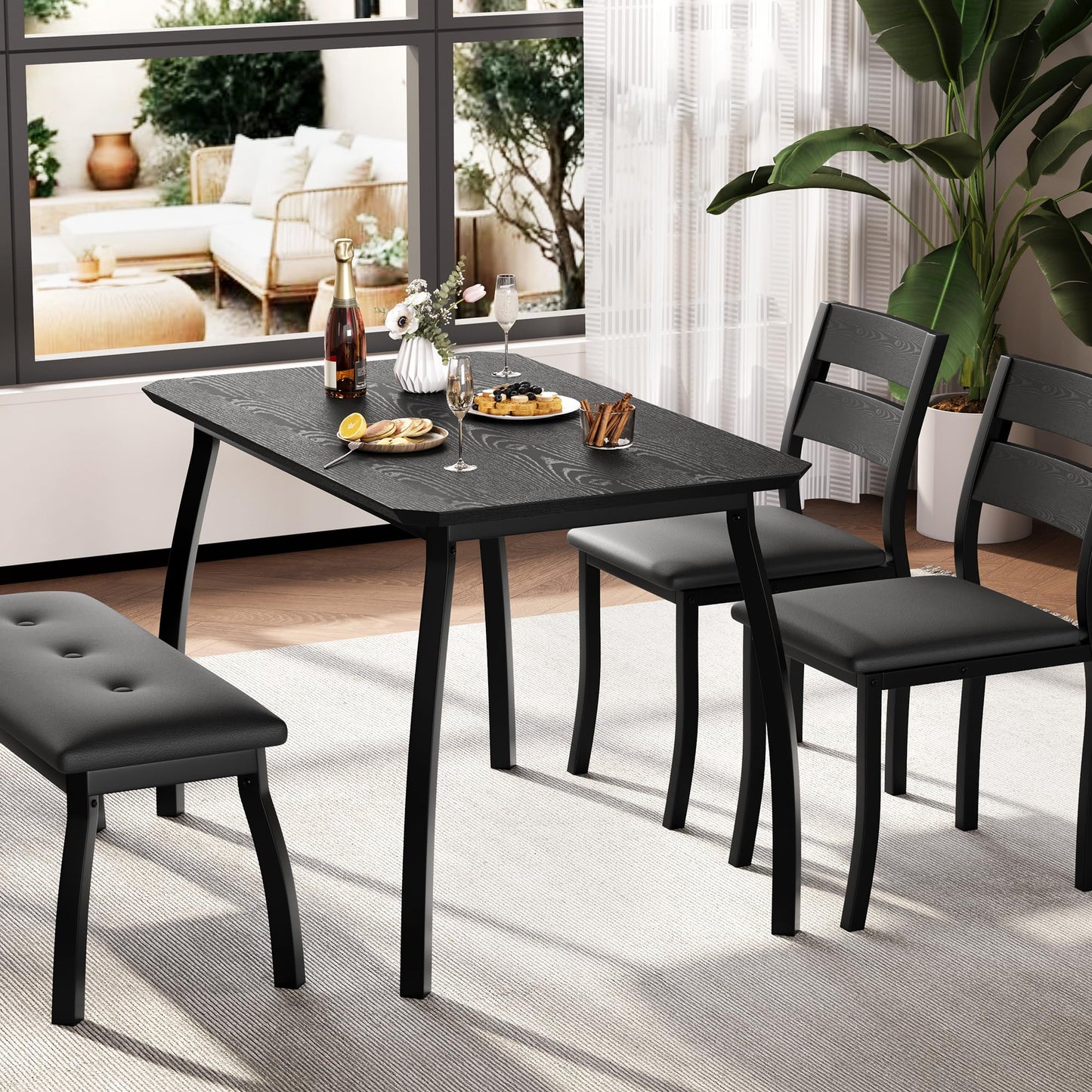 GarveeHome Dining Table Set for 4, Sturdy Wooden Kitchen Table with Chamfer Design and Metal Legs, Upholstered Bench & 2 Classic Dinner Chairs, Kitchen and Dining Set for Home Dinner, Party, Black