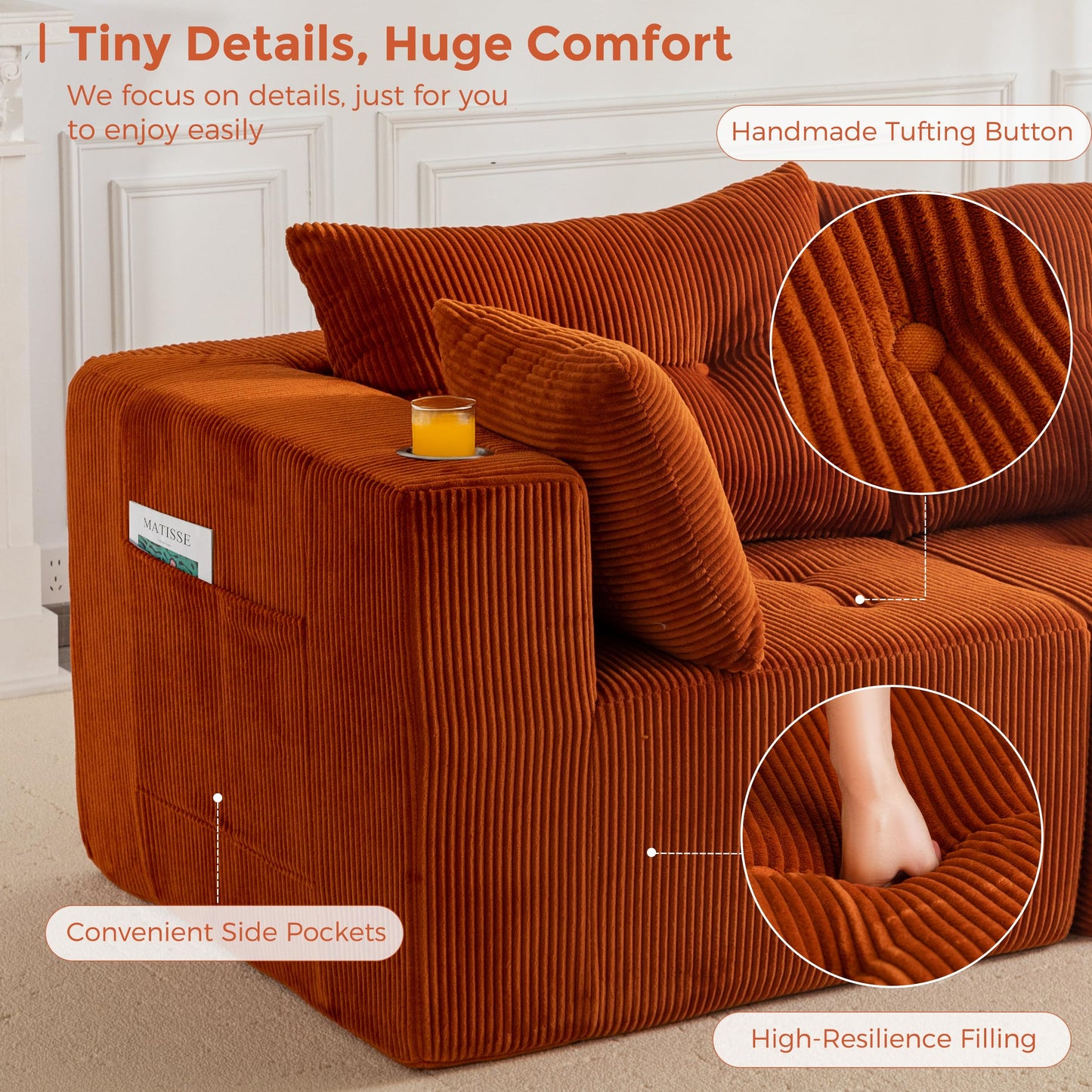 MAXYOYO Modular Sectional Sofa Couch, Loveseat Boneless Cloud Couch for Living Room, Sofa in A Box, Upholstered Cozy Chair with Tufted Craft, No Assembly Required, Orange