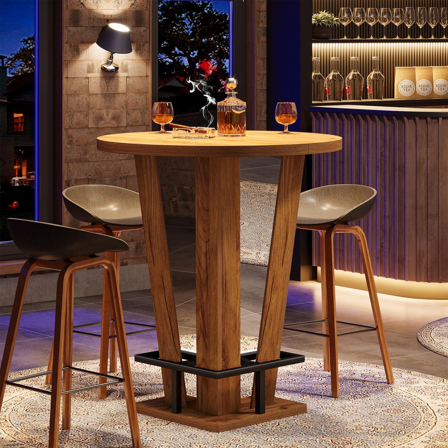 Tribesigns Round Bar Table, 39.4" H High Top Cocktail Bistro Pub Table with Metal Footrest for Living Room, Small Space (Only Table) (Brown)