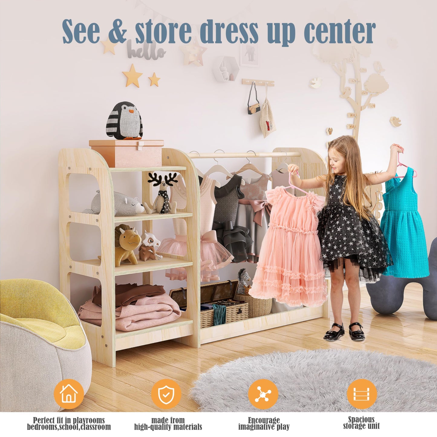 Qifeila Kids Dress Up Storage with Mirror, Wooden Kids Dress Up Rack for Little Girls and Boys, Kid Wardrobe Closet with Storage Shelf