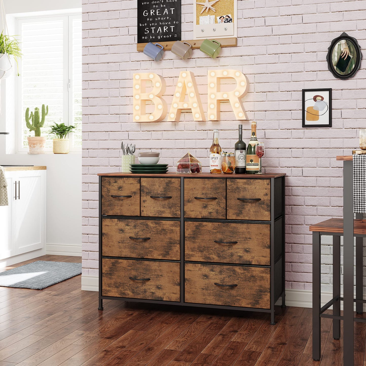 WLIVE Dresser for Bedroom with 8 Drawers, Wide Fabric Dresser for Storage and Organization, Bedroom Dressers, Chest of Drawers for Living Room, Closet, Entryway, Rustic Brown Wood Grain Print