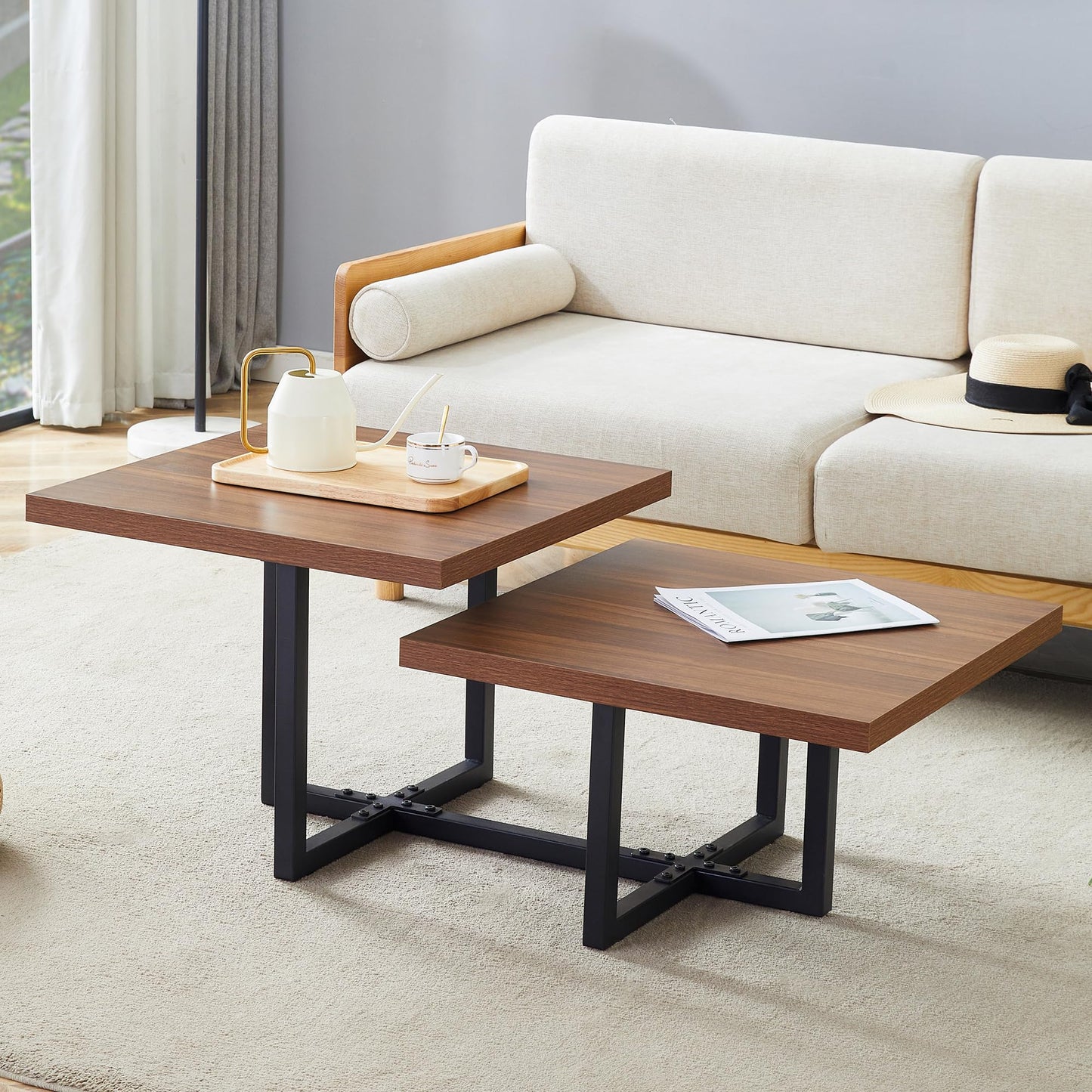 Modern Coffee Table,47" Double Layer Coffee Table,Walnut Color Square Center Tables for Living Room, Easy to Assemble and Clean