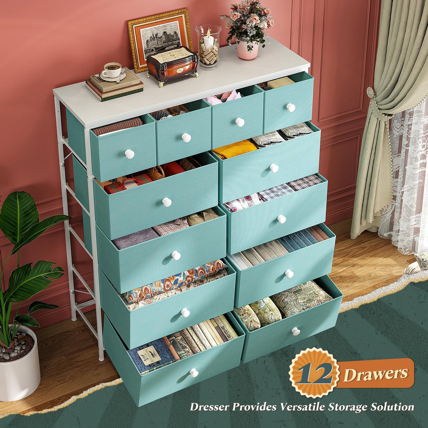 Romorgniz Tall Dressers for Bedroom with 12 Drawers, Fabric Storage Dressers & Chests of Drawers, Sturdy Metal Frame, Wood Top, Closet, Entryway, Bedroom Furniture (Turquoise)
