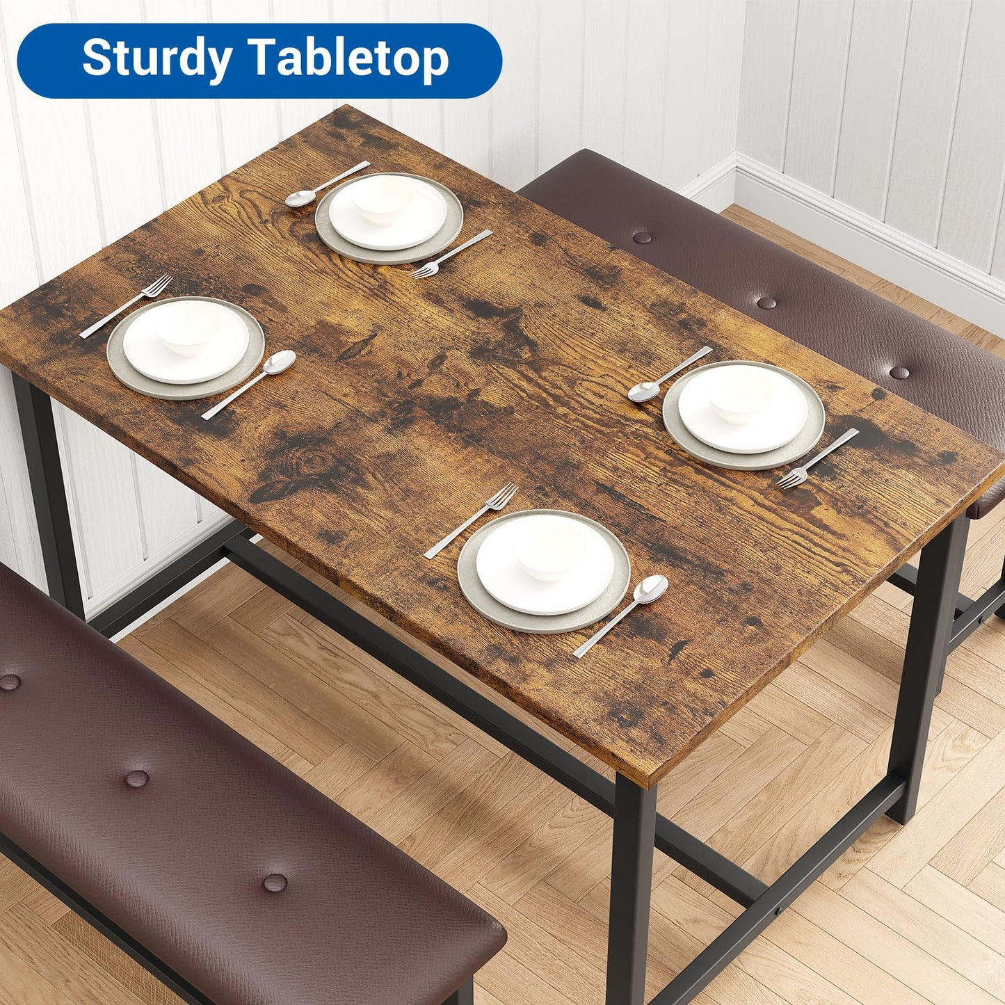 GarveeHome Dining Table Set for 4, Kitchen Table with 2 Upholstered Benches, Wood Kitchen Dining Room Set, for Small Space, Apartment, Home, Dinner, Retro Brown