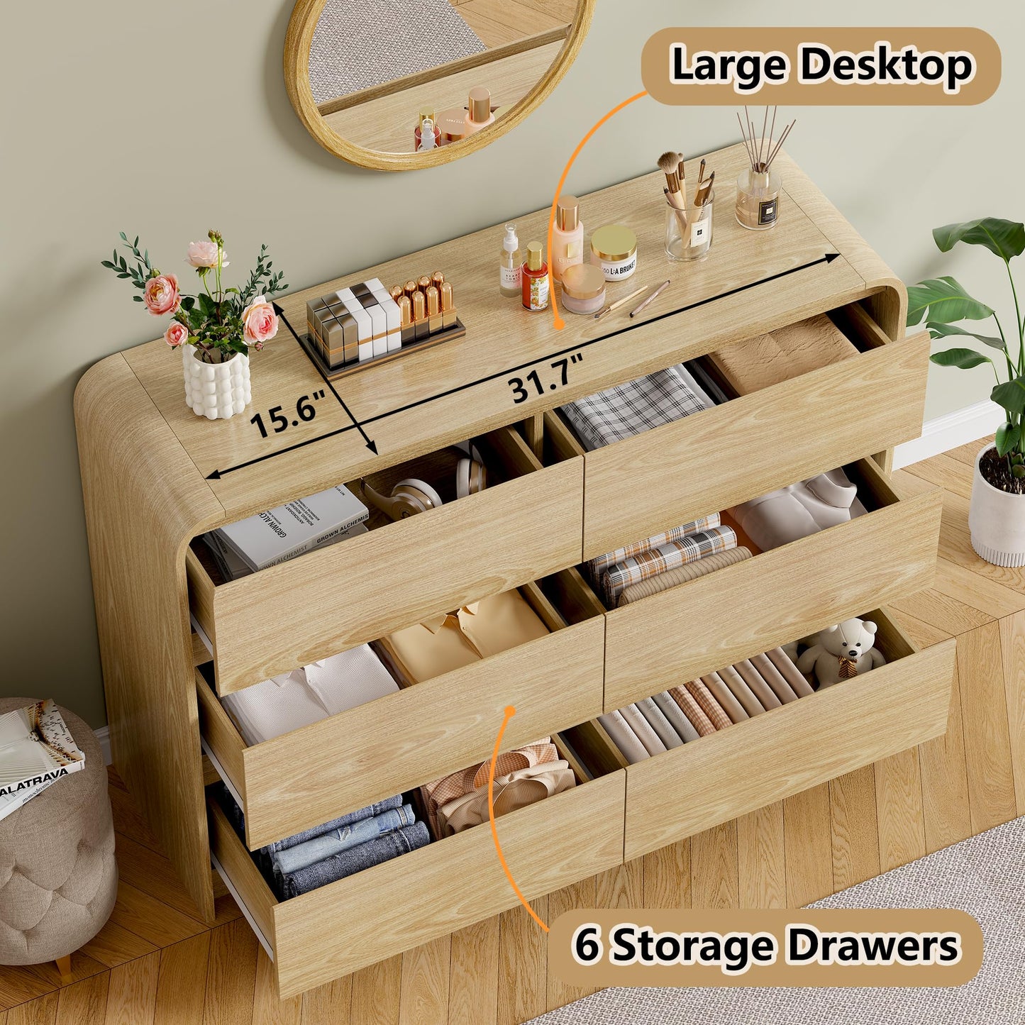Furniouse Modern Dresser 6 Large Storage Drawers for Clothes Organizer, Modern Chest of Drawers for Closet, 47" Long Curved Profile Design Mid Century Dresser for Bedroom,Living