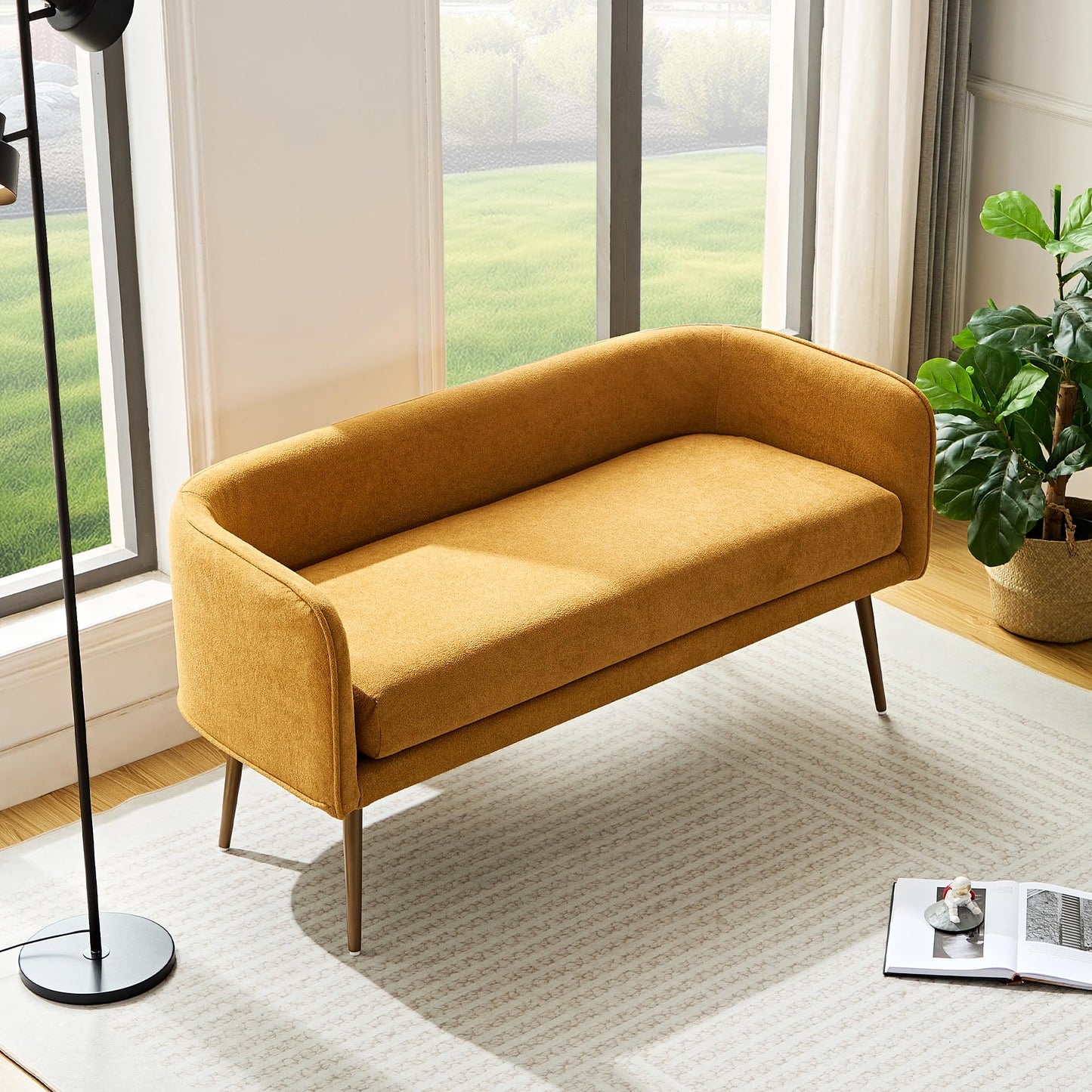 Forshare Bedroom Bench and Entryway Bench with Low backrest and armrests, Yellow Fabric,Inside Sturdy Metal Frame