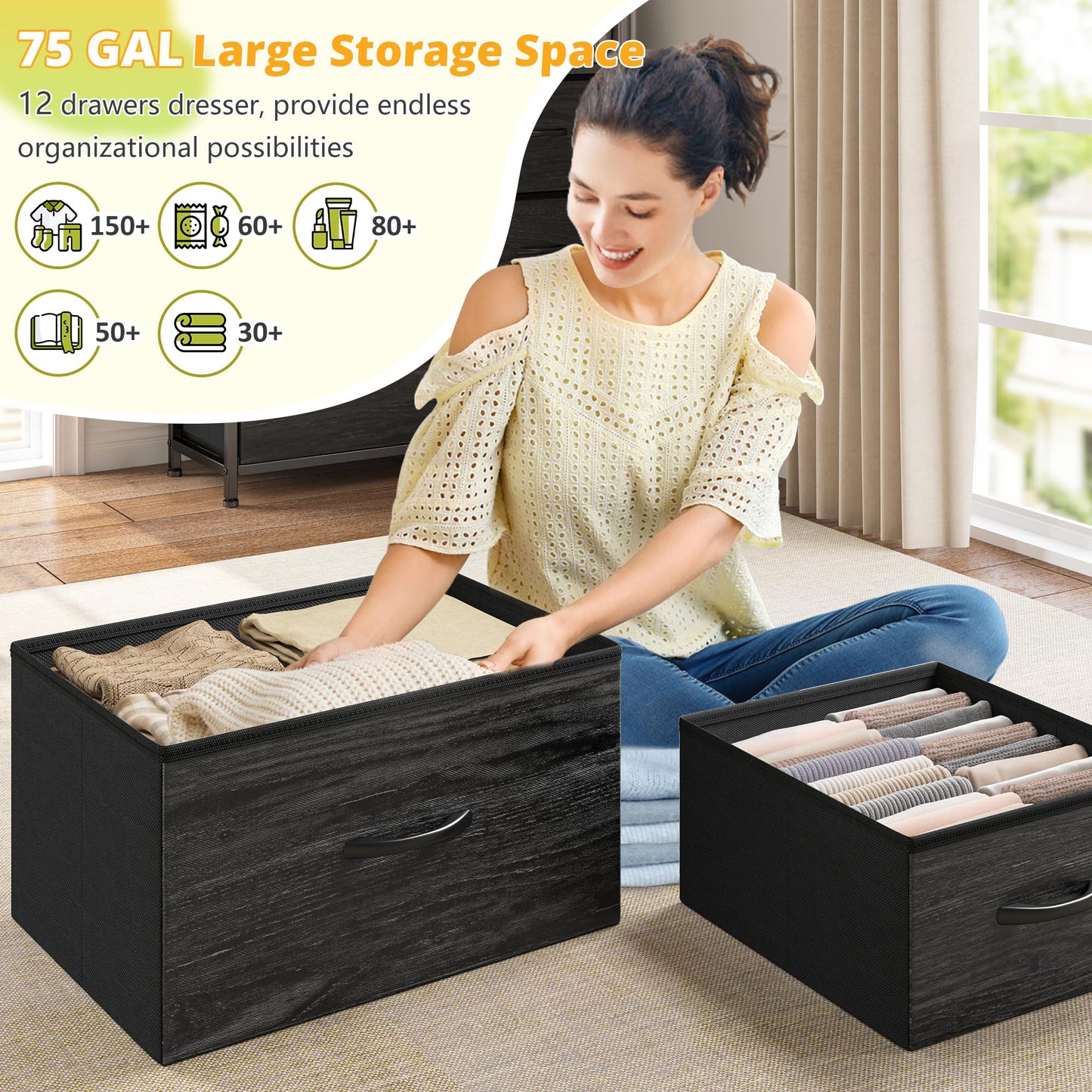 EnHomee Tall Dressers for Bedroom with LED Lights and 12 Drawers Dresser for Bedroom with Open Shelves, Fabric Dressers & Chests of Drawers, Metal Frame, Black, 45.2" H x 35.4" W x 11.8" D