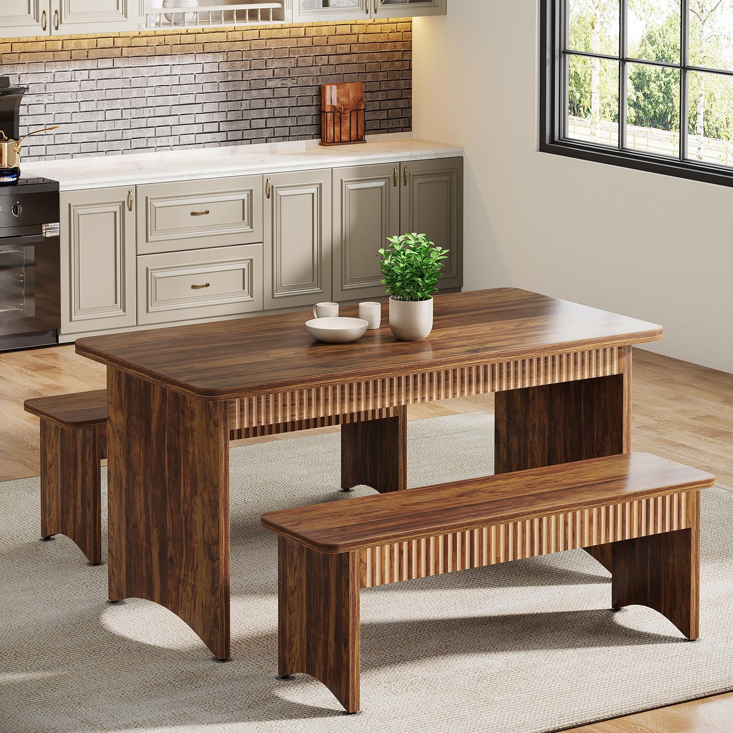 Tribesigns 3-Piece Dining Table Set, 55" Dining Room Table with 2 Benches for 4-6 People, Kitchen, Dining Room, Rustic Brown