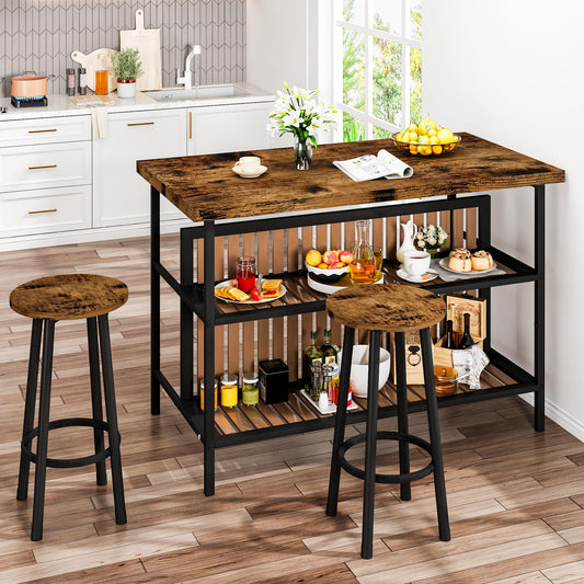 DKLGG Kitchen Island with Seating & Storage, Farmhouse Dining Table Set for 2, Space-Saving 3 Piece Dining Set Table & Chairs Island Table for Kitchen, Apartment, Dining Room, Rustic Brown