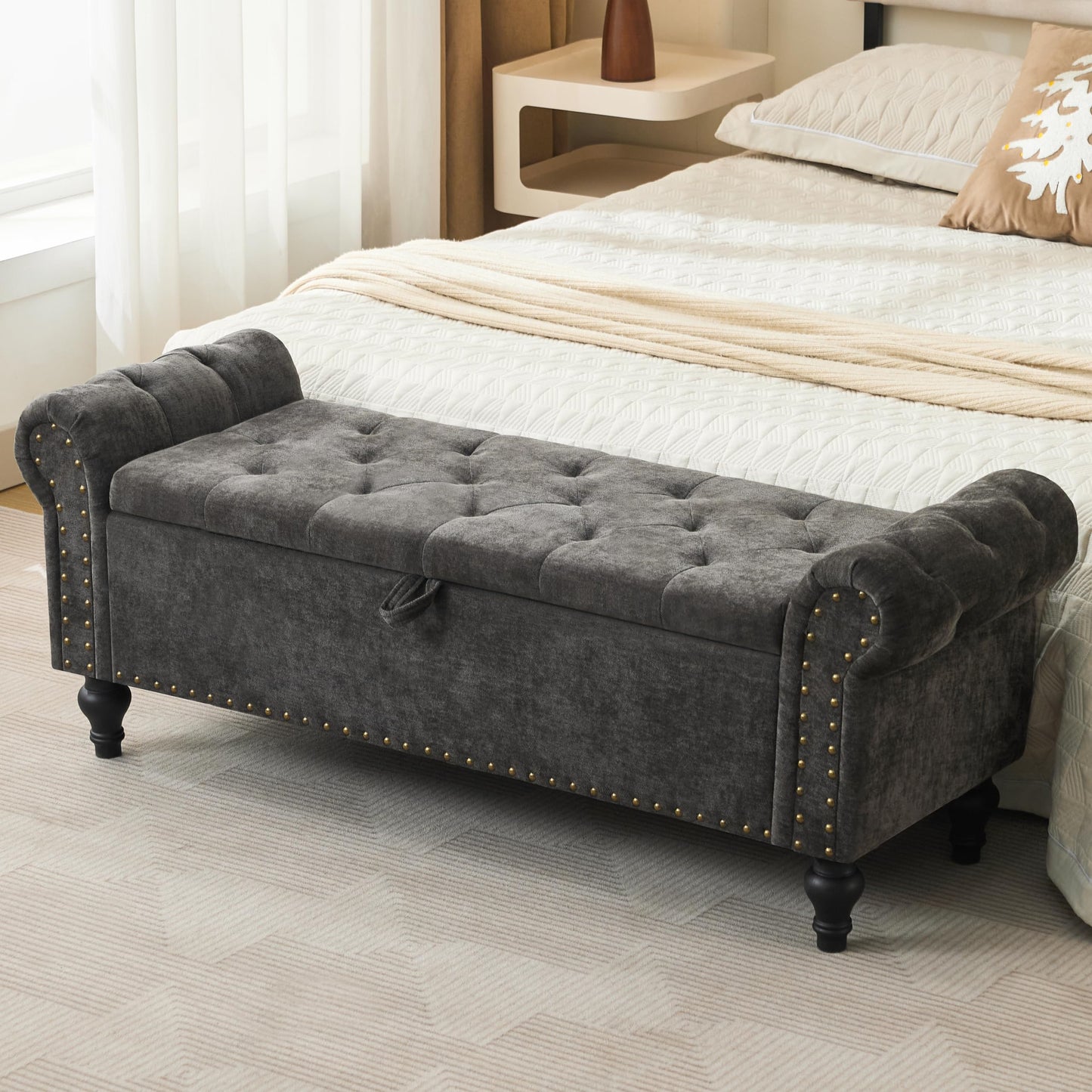 51" Bedroom Storage Bench, End of Bed Bench with Storage, Chenille Upholstered Benches, Ottoman with storage, Window Benches with Rolled Arm and Nailhead Trim for Living Room, Entryway, Dark Gray