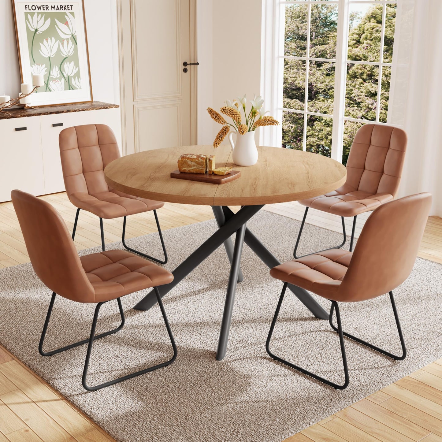 HIPIHOM 45.3 Inch Round Dining Table Set for 4, Mid Century Modern Small Kitchen Coffee Set for Dining Room Kitchen Apartment (Oak Table + 4 U-Shaped Brown Chairs)