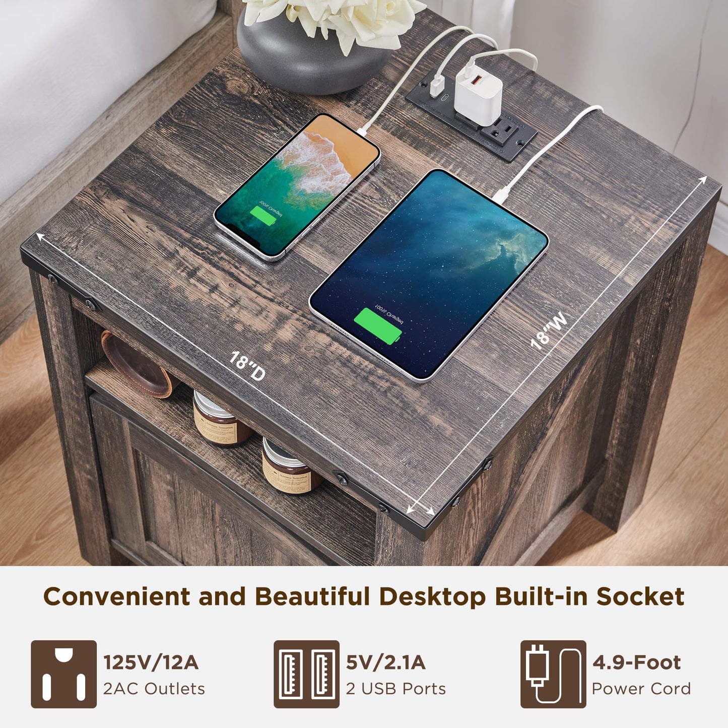OKD Farmhouse Nightstand with Charging Station, 18" Rustic End Table with Adjustable Storage Shelf, Wood Rustic Wood Sofa Side Table for Bedroom