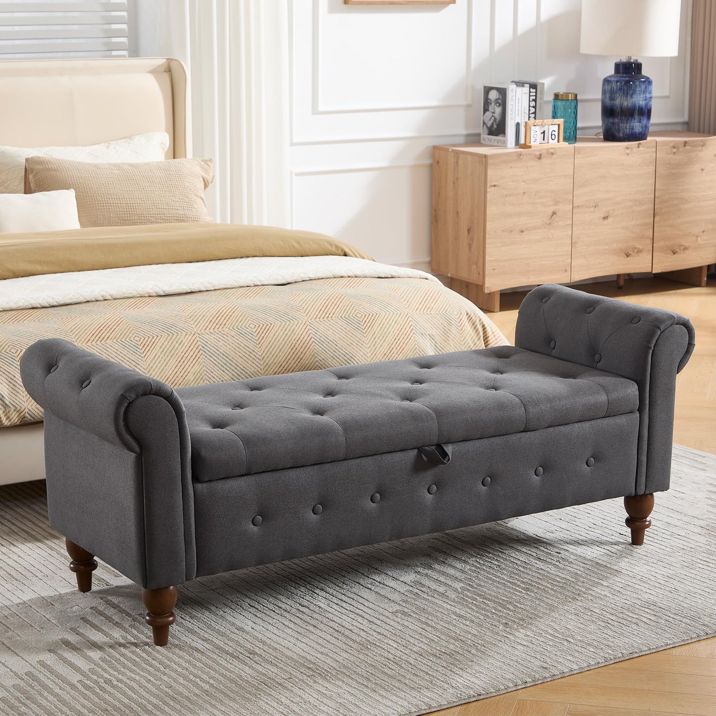 IHDKO 63'' Storage Ottoman Bench End of Bed, Bedroom Bench with Rolled Arms and Legs, Upholstered Ottomans with Storage King Size for Foot of Bed, Living Room, Apartment, Entryway