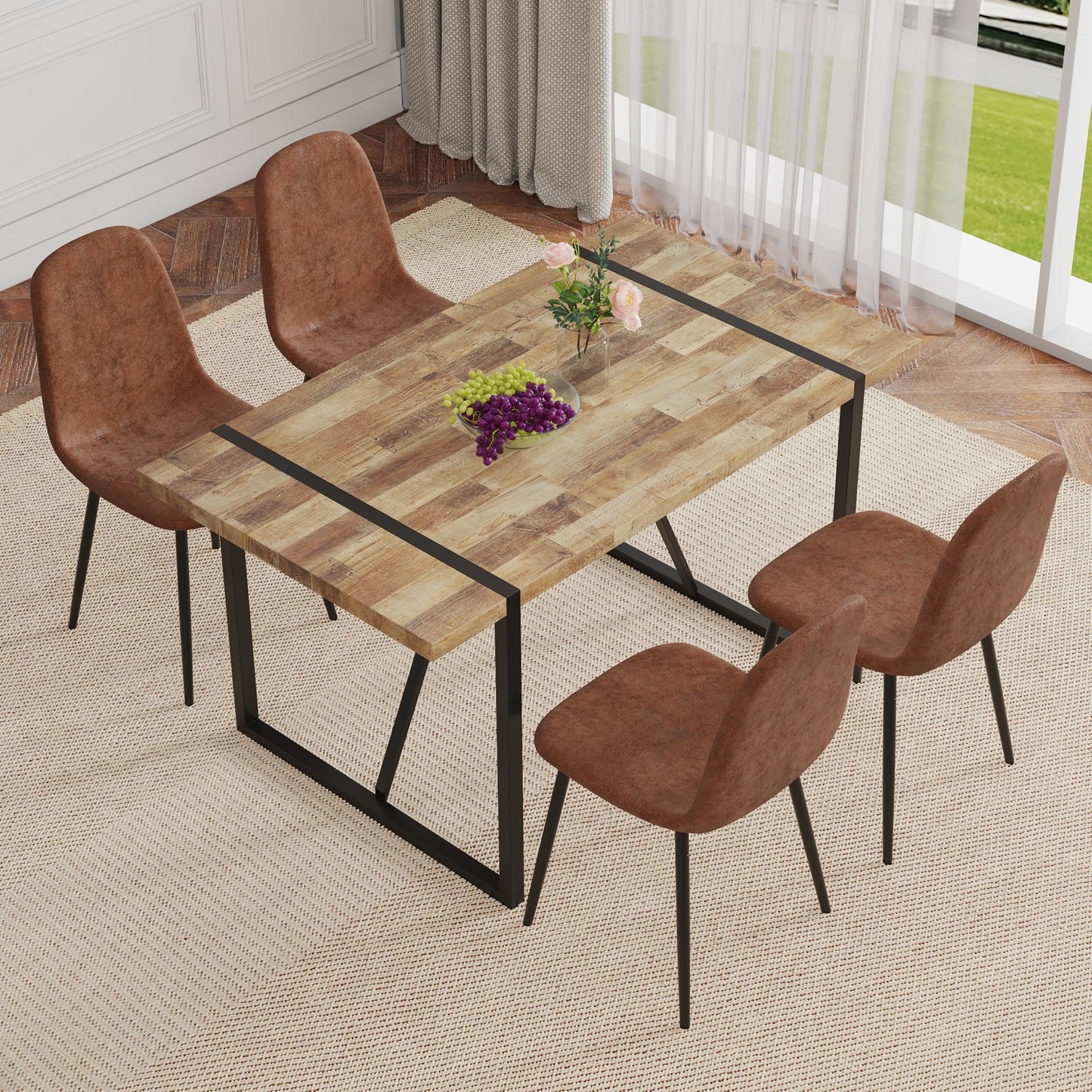 MUUOKY 55'' Dinner Table Set for 4, Rectangular Wood Kitchen Table Set for 4 with Ergonomic Chairs, 5 Piece Dining Tables Set for Kitchen and Dining Room