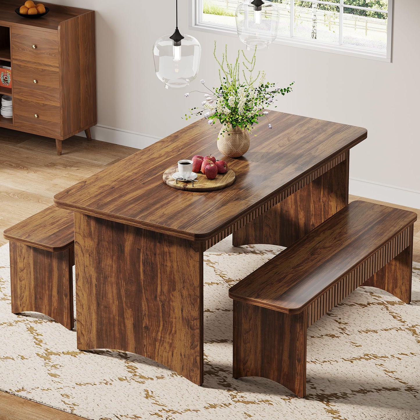 Tribesigns 3-Piece Dining Table Set, 55" Dining Room Table with 2 Benches for 4-6 People, Kitchen, Dining Room, Rustic Brown
