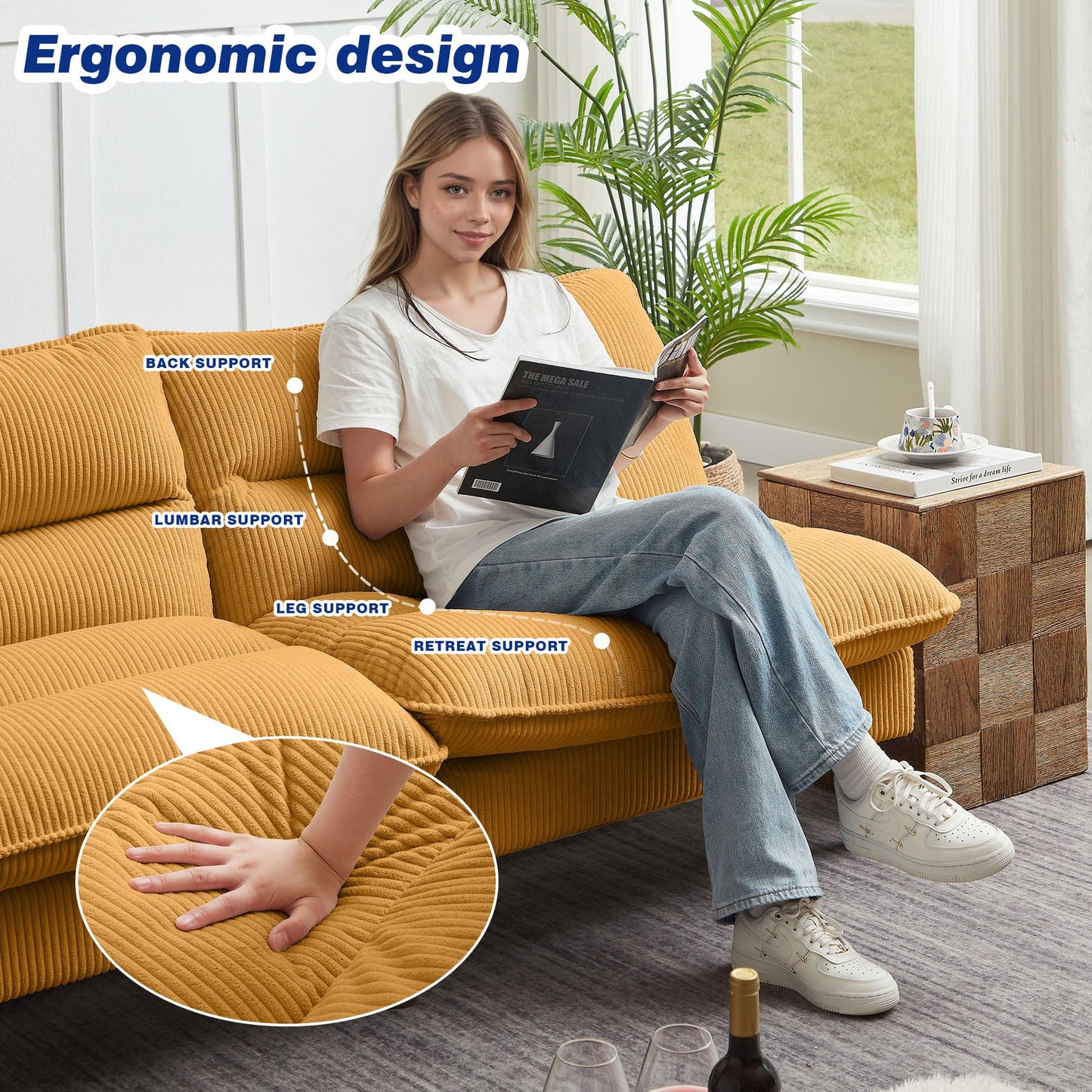 Chireca 72" Futon Sofa Bed, Convertible Futon Couch with Adjustable Backrest, Modern Corduroy Loveseat Sleeper Sofa for Small Spaces, Living Room, Office, Yellow