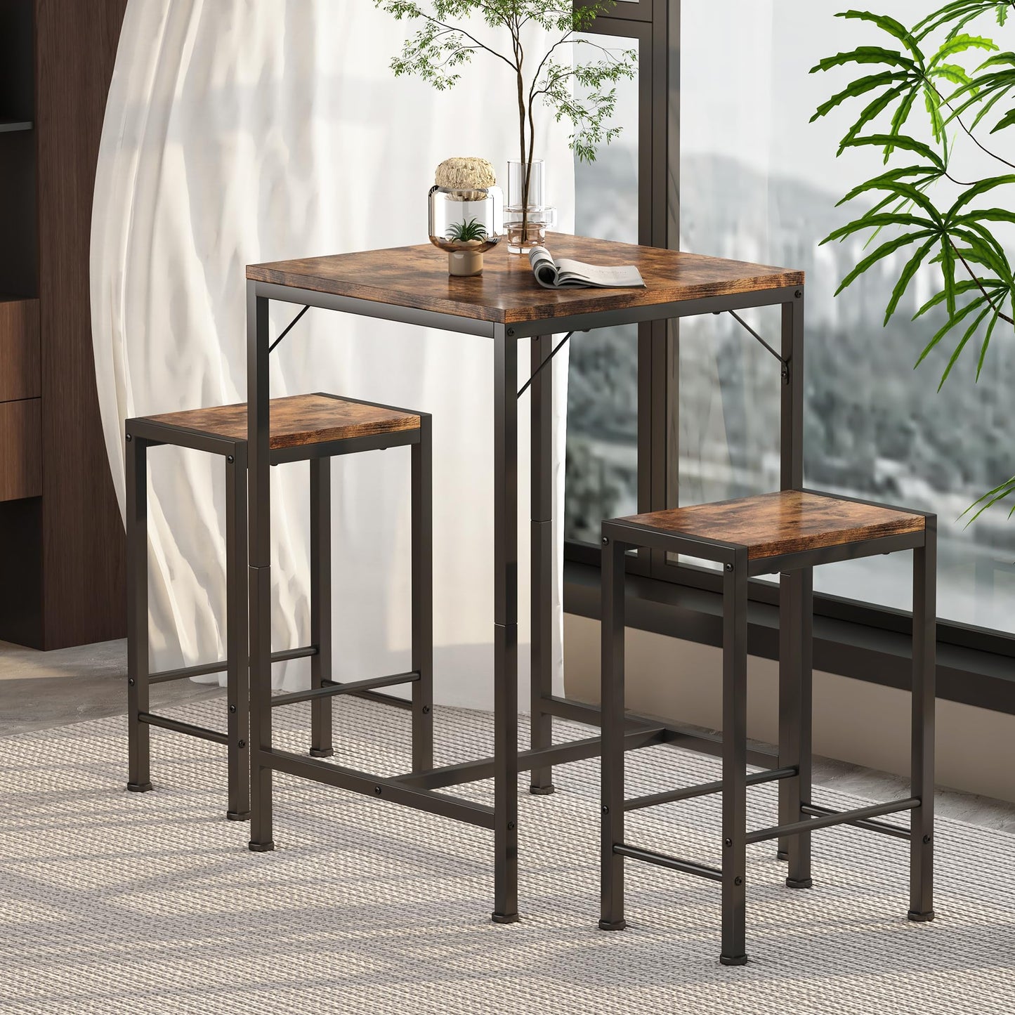 Homeiju Bar Table and Chairs Set, Square Bar Table with 2 Stools, Space-Saving Dining Pub Set for 2, Perfect for Kitchen, Breakfast Nook, Living Room & Small Spaces, Rustic Brown