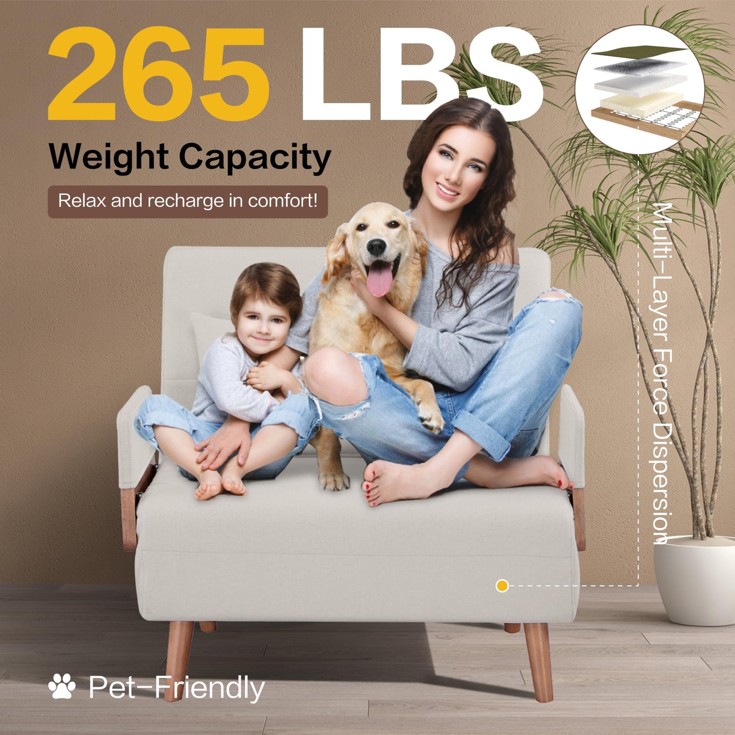 CITTANEO Convertible Sleeper Chair, 3-in-1 Chair Bed Sleeper for Adults with 3-Position Adjustable Backrest, Pillow and Wooden Arms, Folding Sofa Bed for Apartment, Dorm, Office, Beige