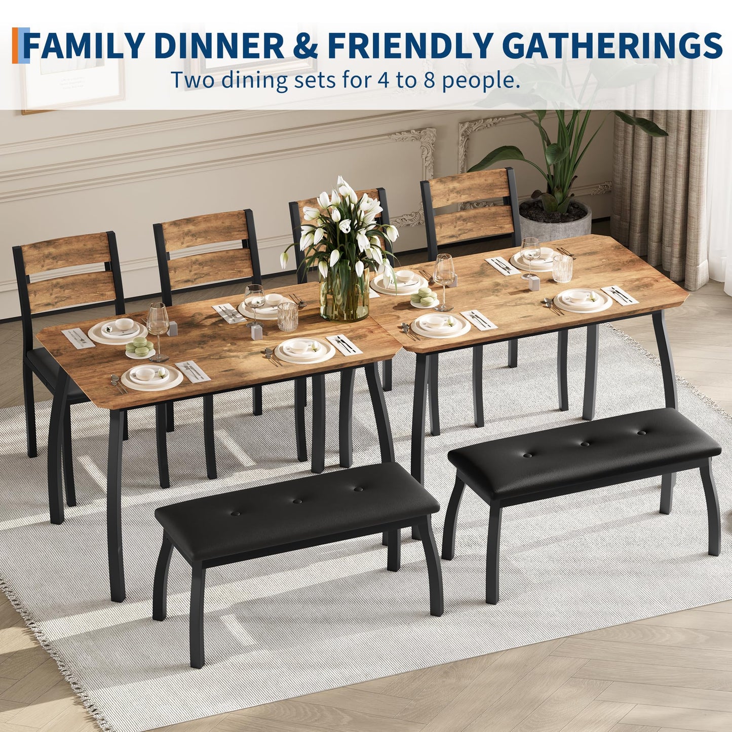 GAOMON Kitchen Table Set for 4, 4-Piece Dining Table with 2 Chairs and PU Upholstered Bench - Cutting Corner Tabletop Design, Space-Saving Kitchen Furniture for Studio, Restaurant, Retro
