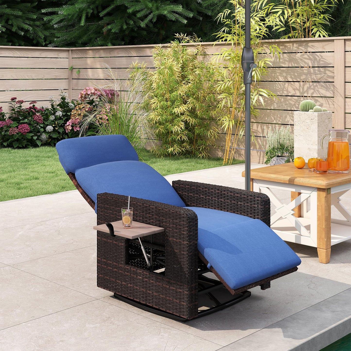 Kinfant Outdoor Recliner Chair with Adjustable Backrest, Flip Table, Thickened Cushion- for Patio, Poolside, Lawn, Backyard (Blue)