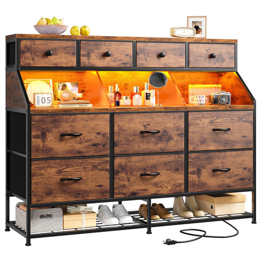Dresser for Bedroom with 10 Drawers & Shoe Rack Fabric Dressers & Chests of Drawers with LED Lights and Power Outlets Bedroom Dresser for Entryway, Halfway, Closet (Rustic Brown)