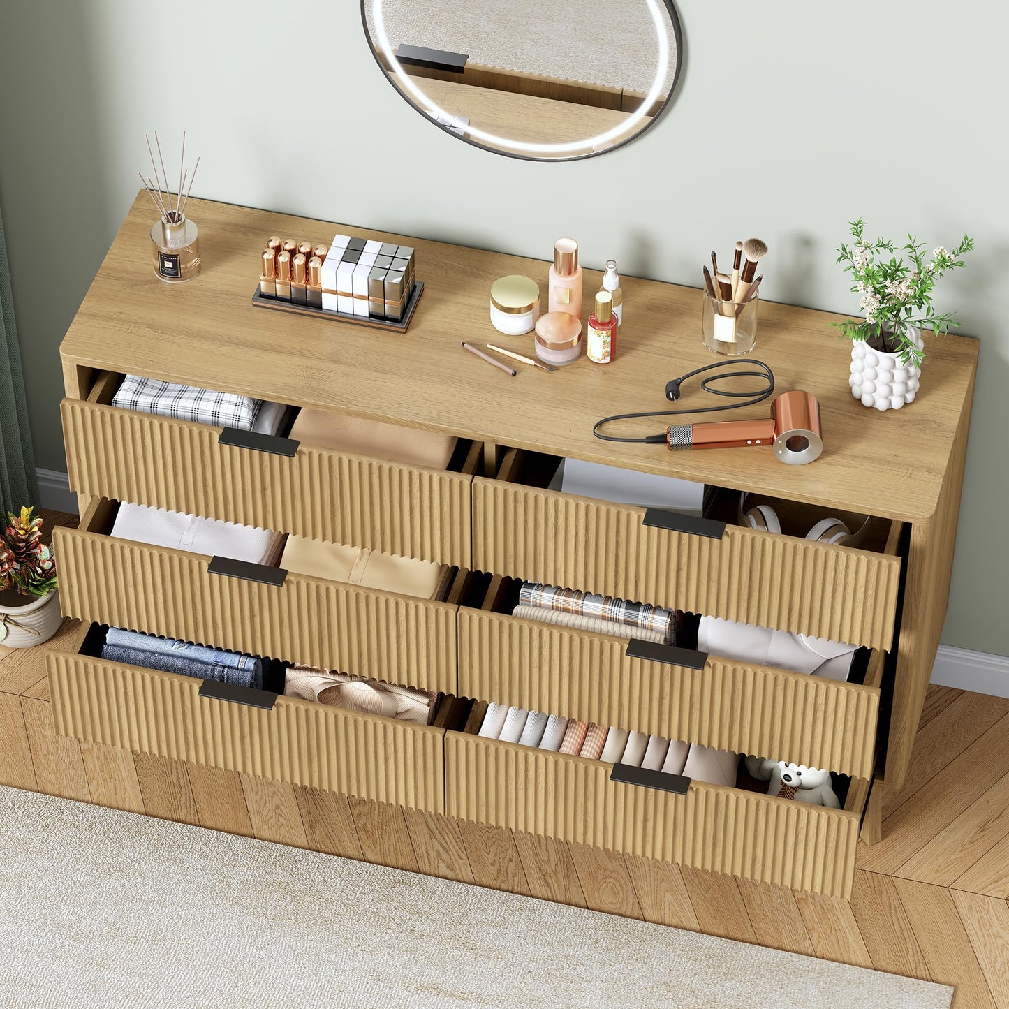 Furniouse 54''W Fluted 6 Drawers Dresser for Bedroom, Wide Modern Chest of Drawers Closet Organizer, Wood Dresser TV Stand for Living Room, Natural