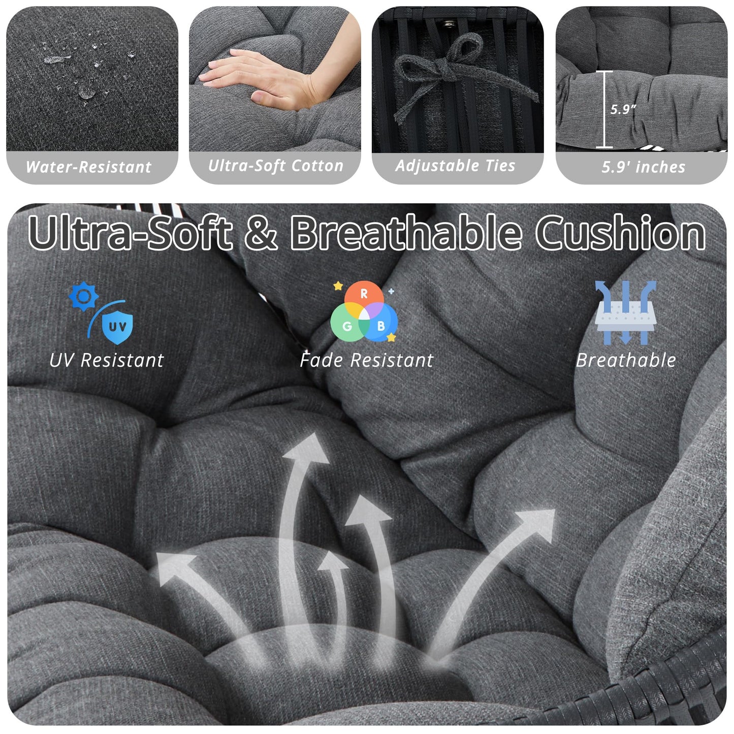 IRONCK Double Egg Chair Outdoor, 2 Person Wicker Lounge Chair, Oversized Thickened Padded Cushions and Headrests, 680 Lbs Egg Loveseat for Indoor, Patio, Living Room, Porch, Balcony, Dark Grey