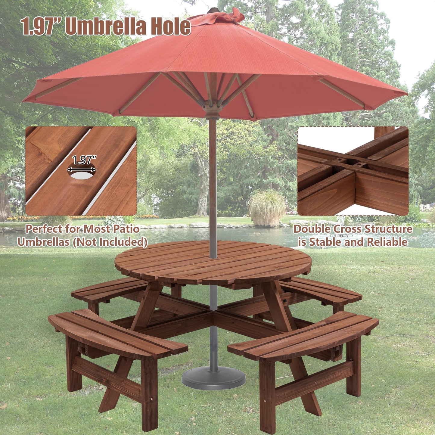 Becivy 8 Person Wooden Picnic Table Sets Outdoor Camping Dining Table with Seat Garden DIY w/ 4 Built-in Benches 2220lb Capacity - Brown