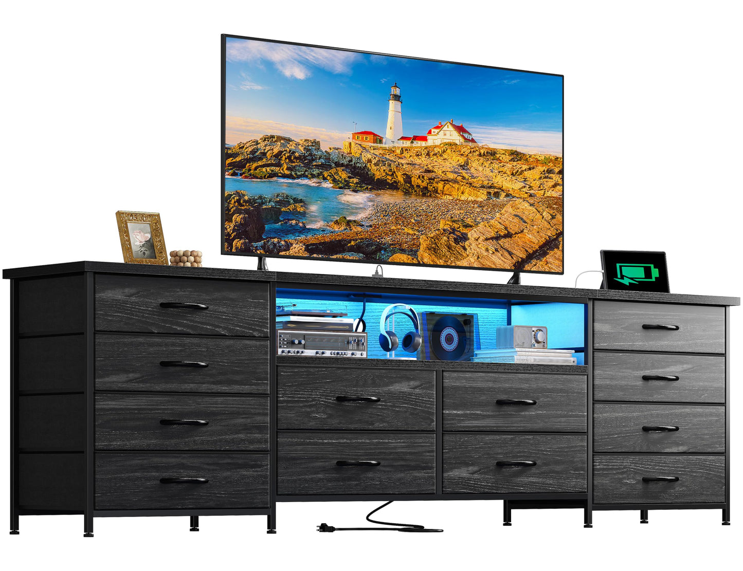 Romorgniz 63" Long Dresser for Bedroom with 12 Fabric Drawers Entertainment Center with LED Lights & Power Outlets TV Stand for 70 Inch TV, Storage Organizer for Bedroom, Black