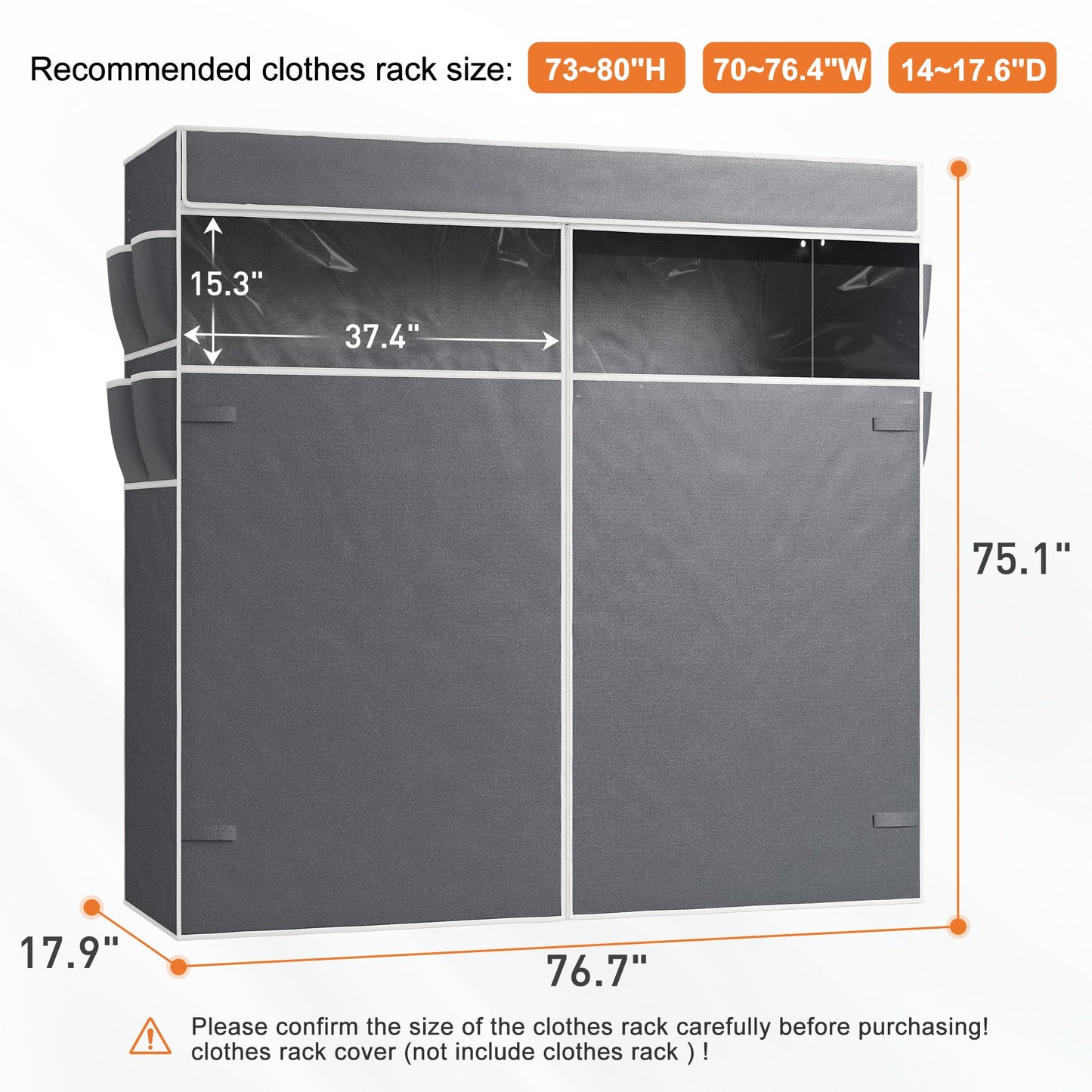 Raybee Garment Rack Cover Only, Fabric Clothing Rack Cover with Zipper, with PVC Clear Window & 8 Side Storage Pockets, Cover Only 76.7" W X 75.1" H X 17.9" D(Large)