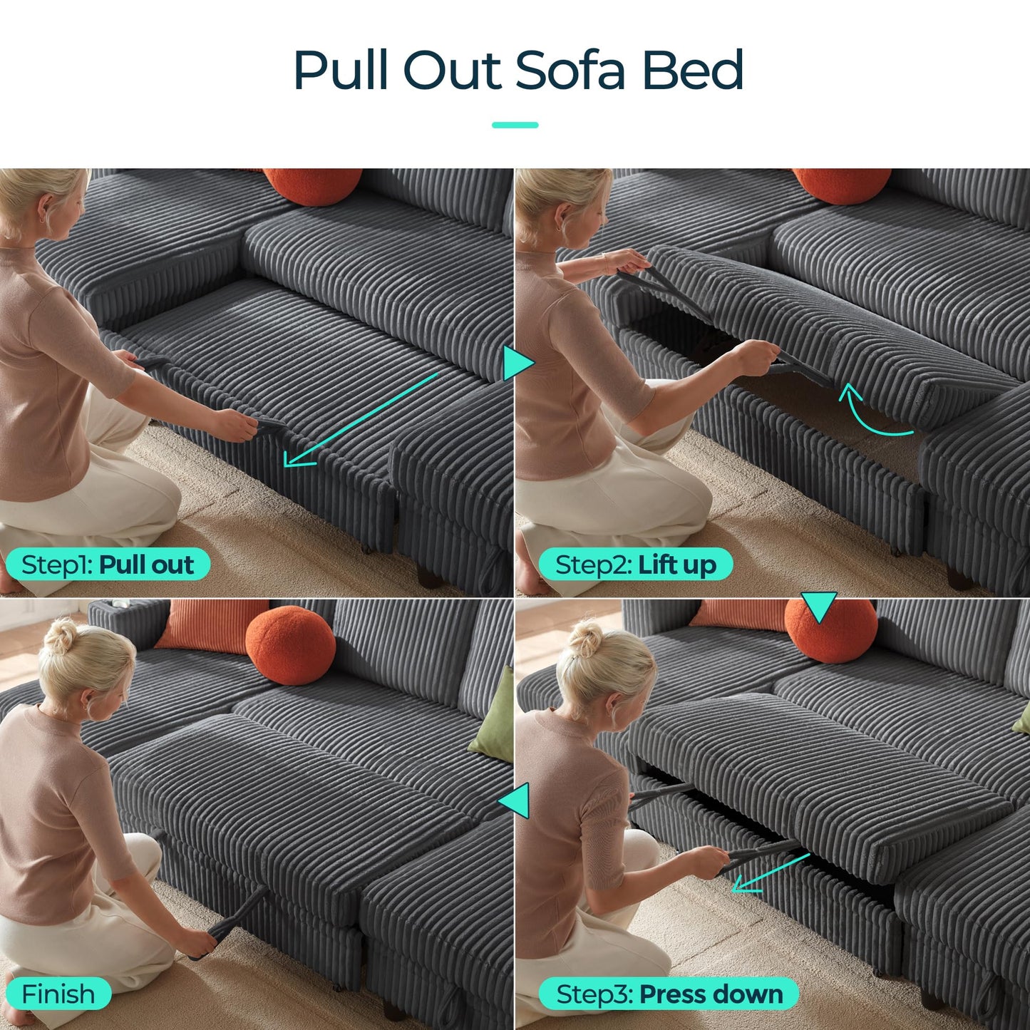 LINSY HOME Sectional Sleeper Sofa with Pull Out Couch Bed Convertible Plush Corduroy Cloud Couch with Storage Chaise & USB Charging, Comfy L Shaped Modular Couches for Living Room Apartment (Grey)