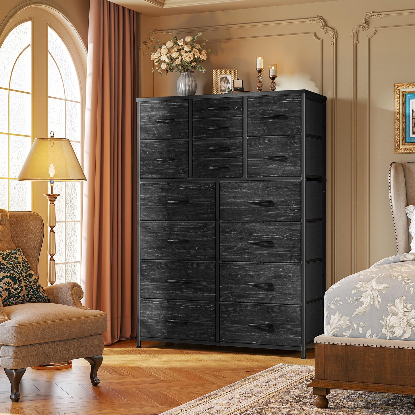 Romorgniz 57“H Tall Dresser for Bedroom with 16 Drawers,Fabric Dressers & chests of Drawers for Closet,Large Black Dresser with Sturdy Metal Frame, Wood Top,Entryway, Hallway