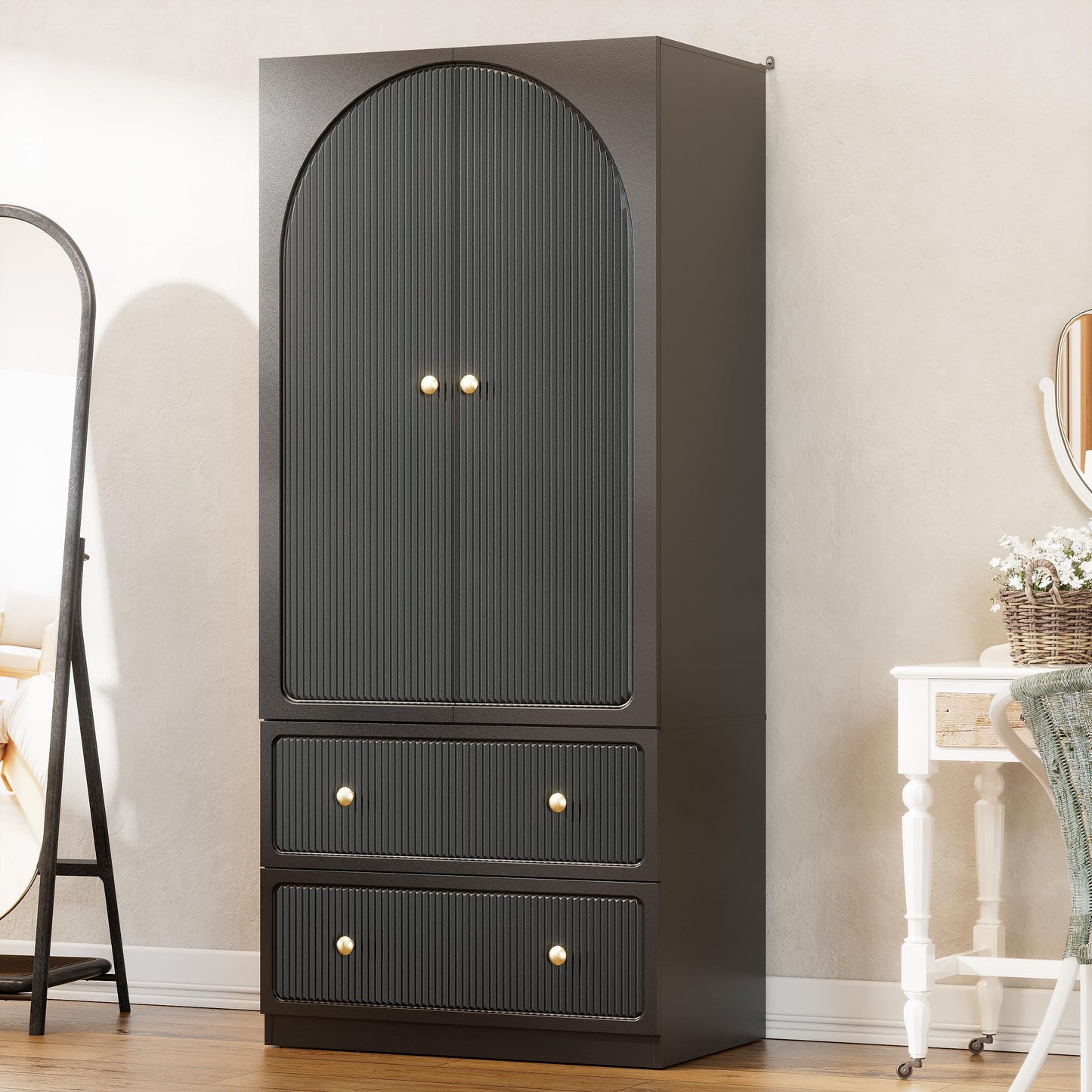 PAKASEPT Armoire Wardrobe Closet with 2 Drawers & Hanging Rod, Freestanding Wooden Wardrobe Cabinet with 2 Striped Doors for Bedroom, Living Room