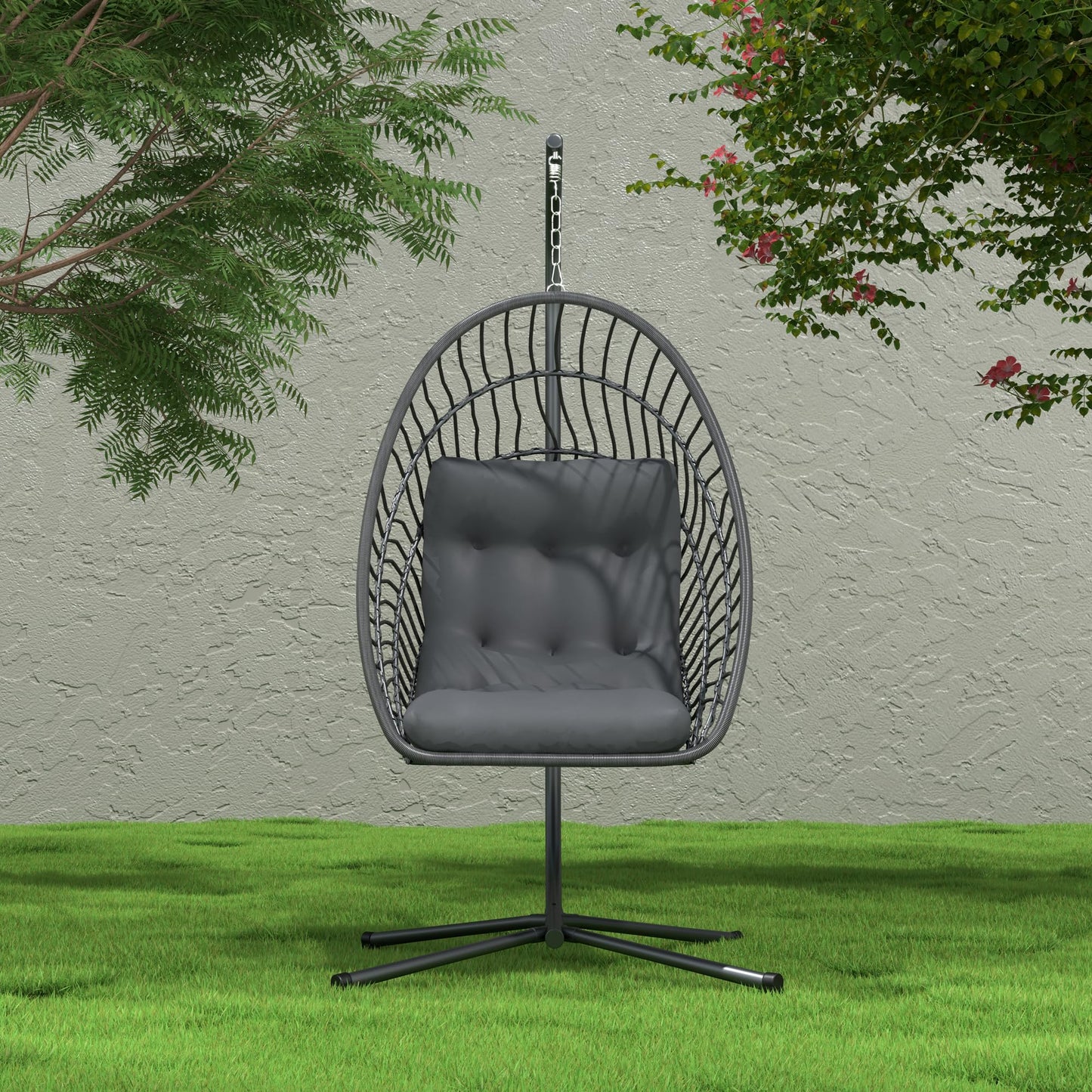 Kingdura Hanging Egg Chair with Stand Indoor Outdoor, Foldable Rattan Wicker Hammock Egg Swing Chair for Bedroom Porch Patio Garden, Thickened Cushion, 350LBS Capacity, Heavy Duty Frame