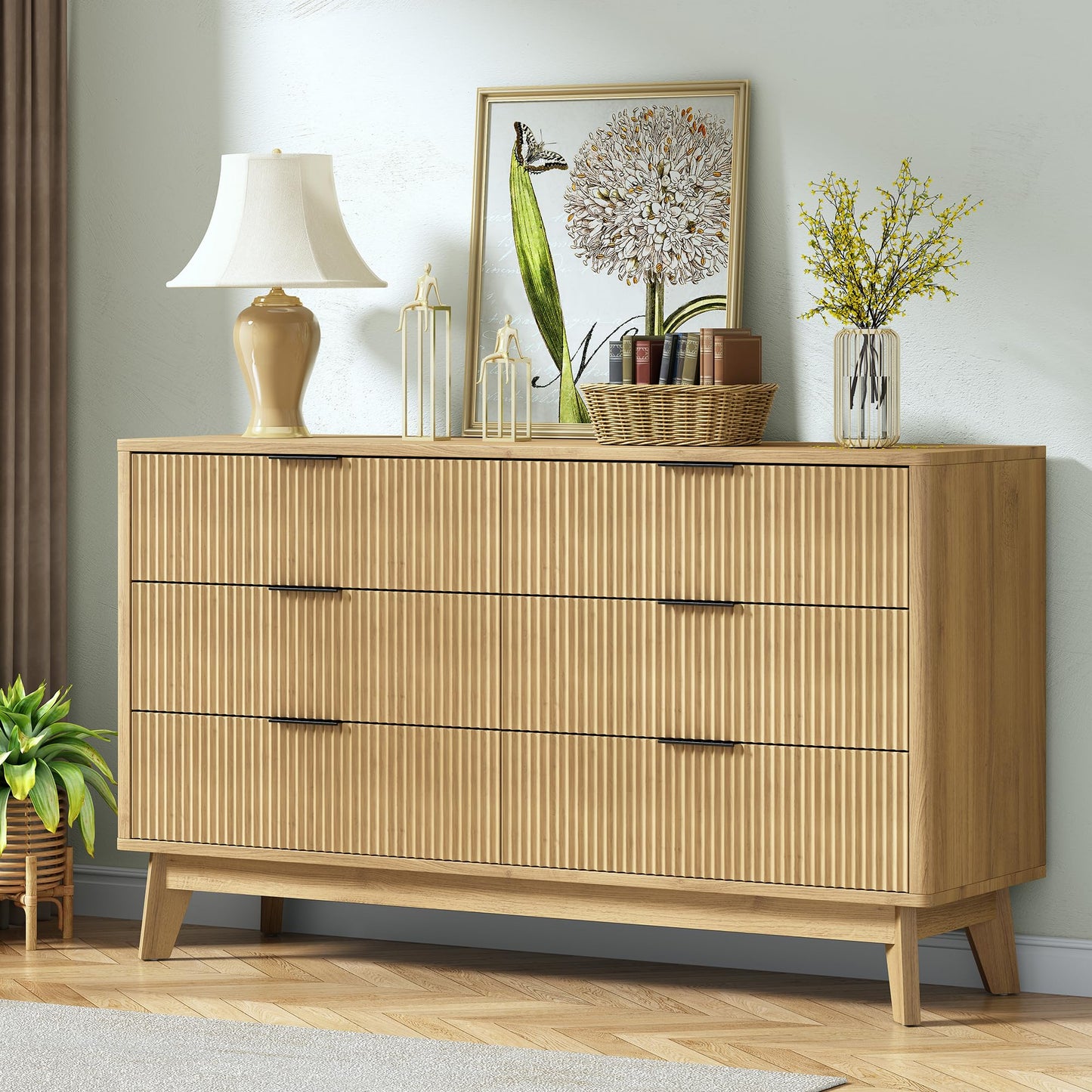 Furniouse 54''W Fluted 6 Drawers Dresser for Bedroom, Wide Modern Chest of Drawers Closet Organizer, Wood Dresser TV Stand for Living Room, Natural