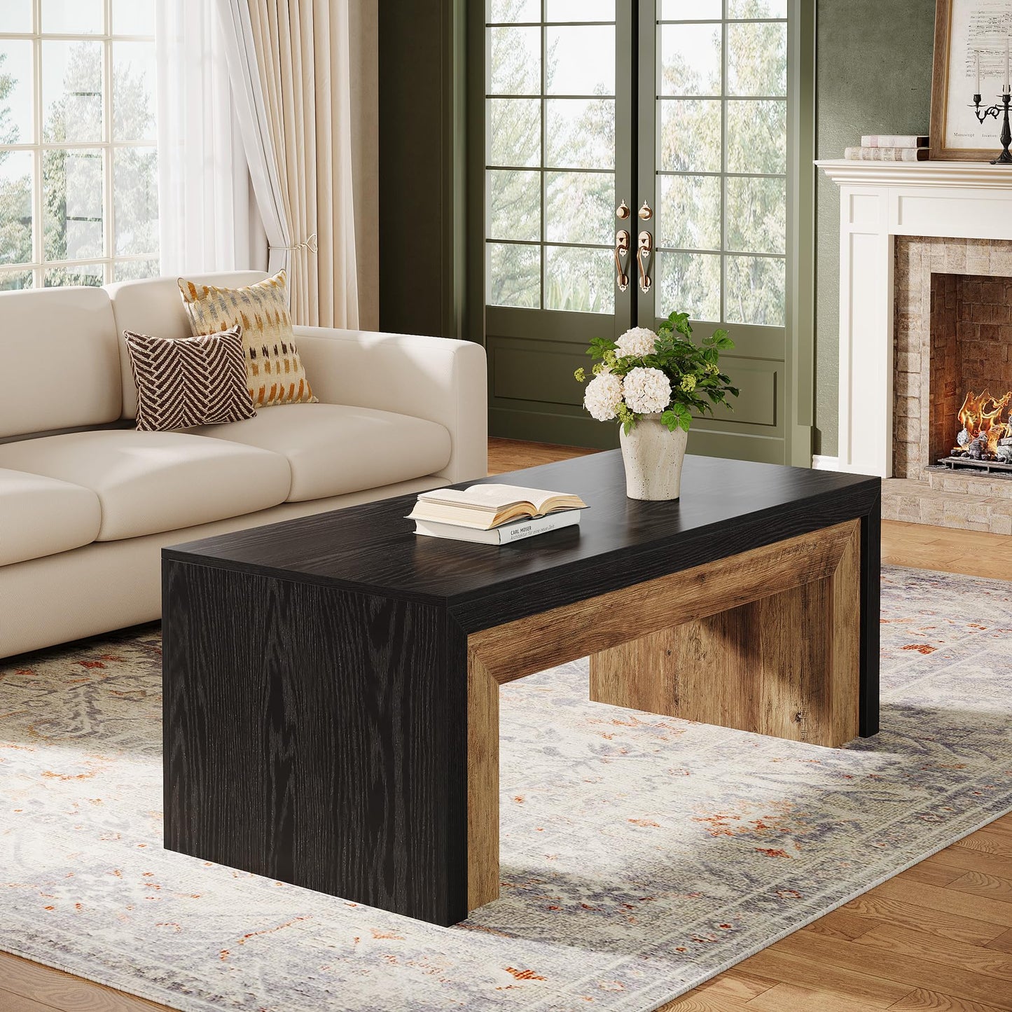 Tribesigns Farmhouse Coffee Table for Living Room, Mid-Century Modern Coffee Table with Sturdy Base, Large Rectangle Accent Center for Apartment, Easy Assembly (Black & Walnut)