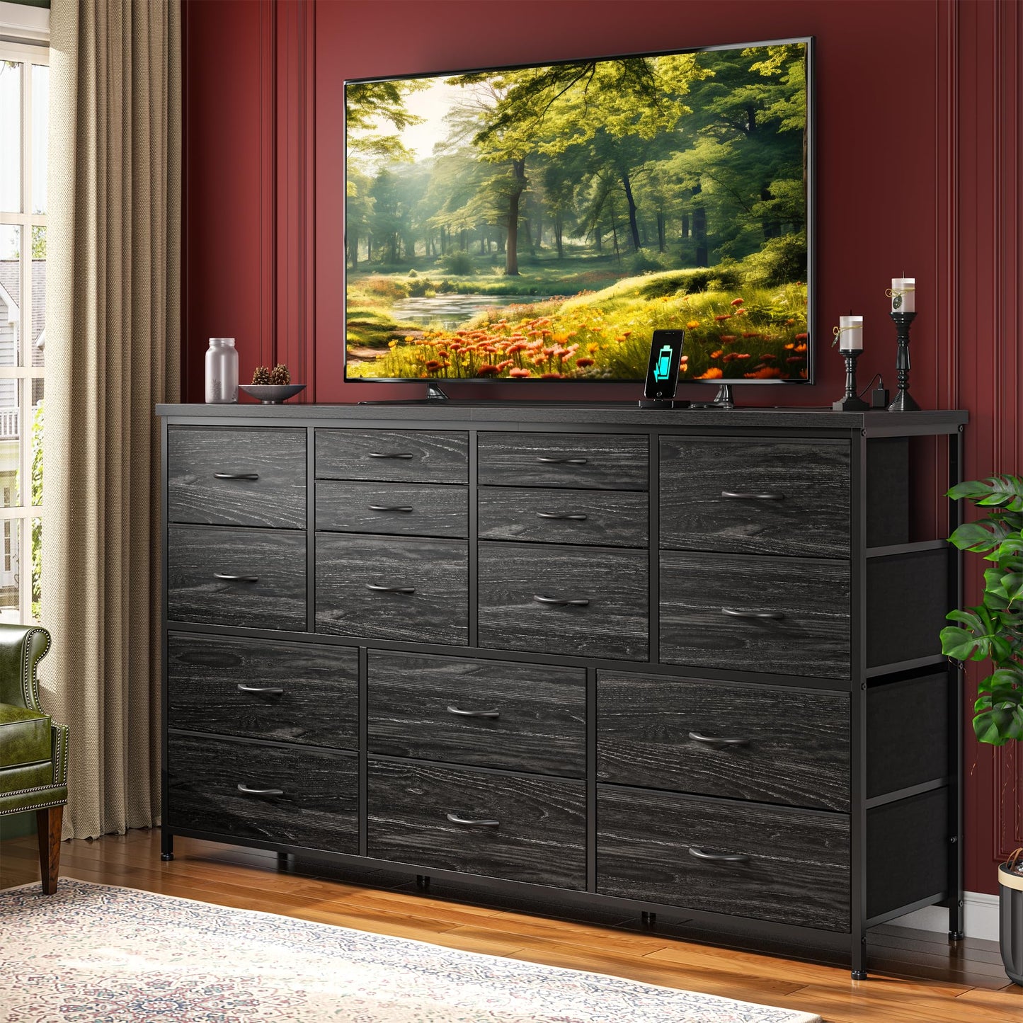 Romorgniz Dresser for Bedroom with 16 Fabric Drawers Long Dresser with Charging Station TV Stand for 60" TV Dressers & Chest of Drawers for Bedroom, Living Room, Closet, Black