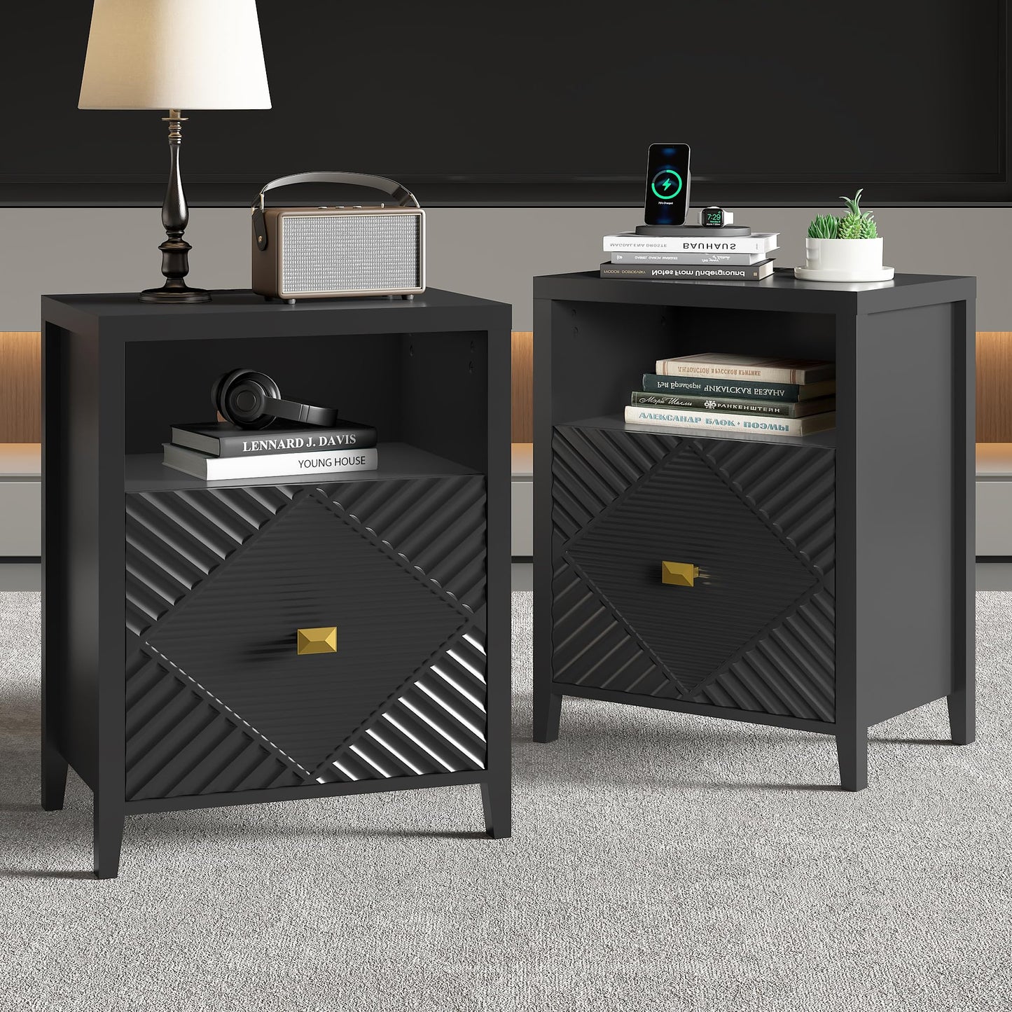 Modern Nightstands with Charging Station, Set of 2, 19.68" Bedside Tables with Drawer and Open Shelf, End Tables with USB Ports and Outlets for Bedroom