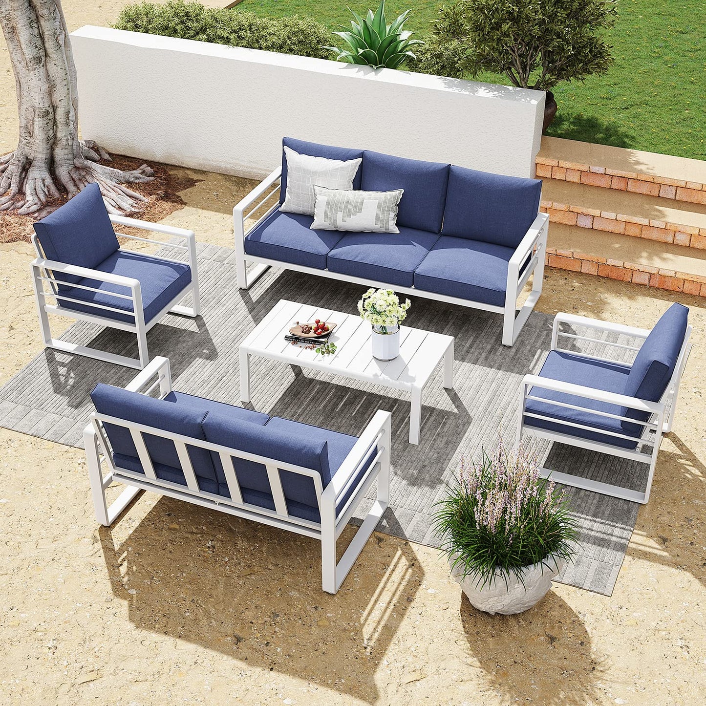Patiorama Aluminum Patio Furniture Set, 5 PCS Modern Patio Conversation Set, All Weather White Outdoor Sectional Sofa Set w/Coffee Table, Patio Seating Set, Olefin Cushion, Garden-Blue Cushion