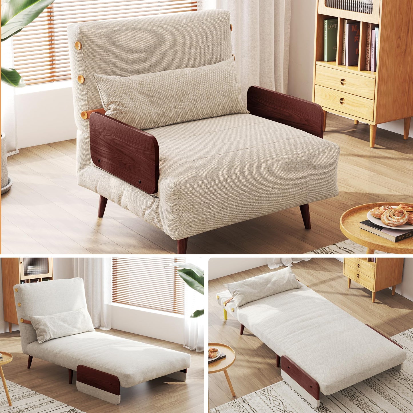JASIWAY 3-in-1 Convertible Chair Bed Sleeper for Adults, Linen Convertable Sleeper Chair with Wooden Arms & Pillows, Foldable Single Futon Sofa Bed (Modern with Walnut Arm, 28.4" Wide)
